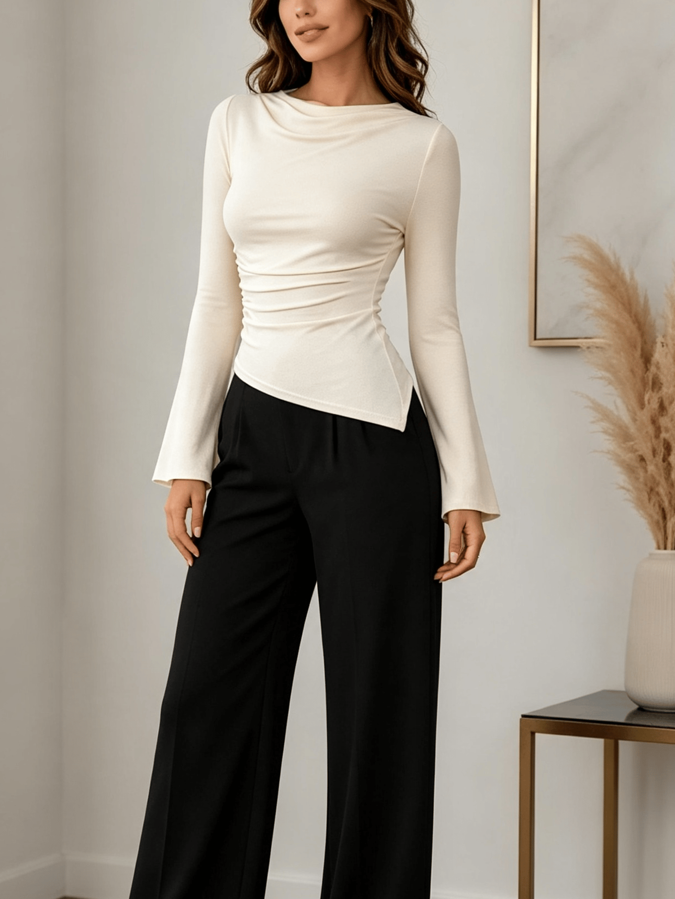 Cream Solid Cowl Neck Top