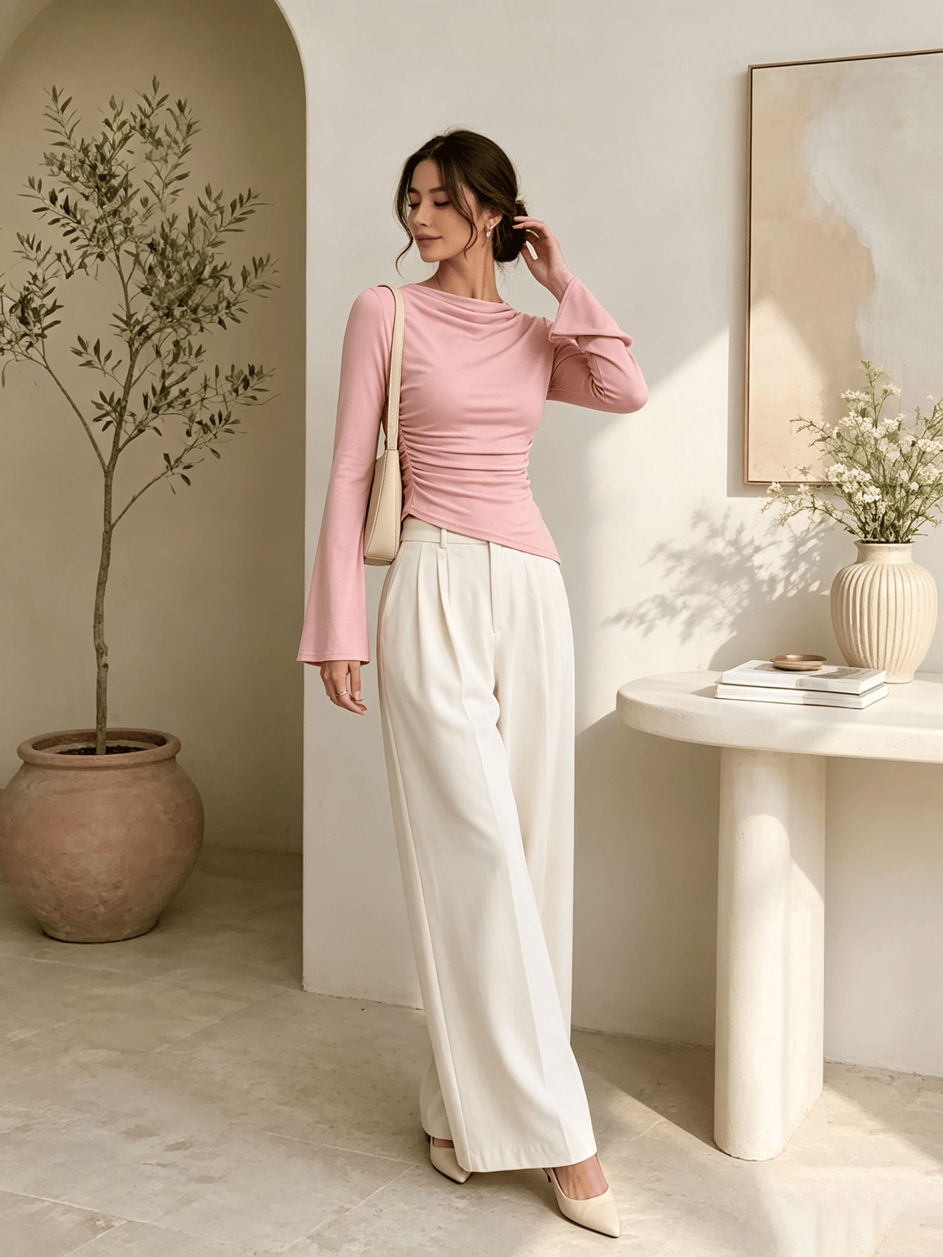 Pink Solid Cowl Neck Top