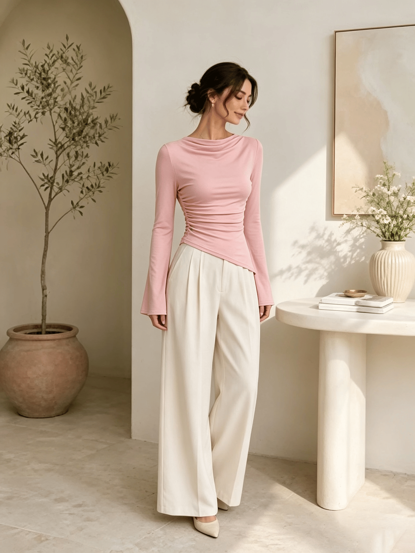 Pink Solid Cowl Neck Top