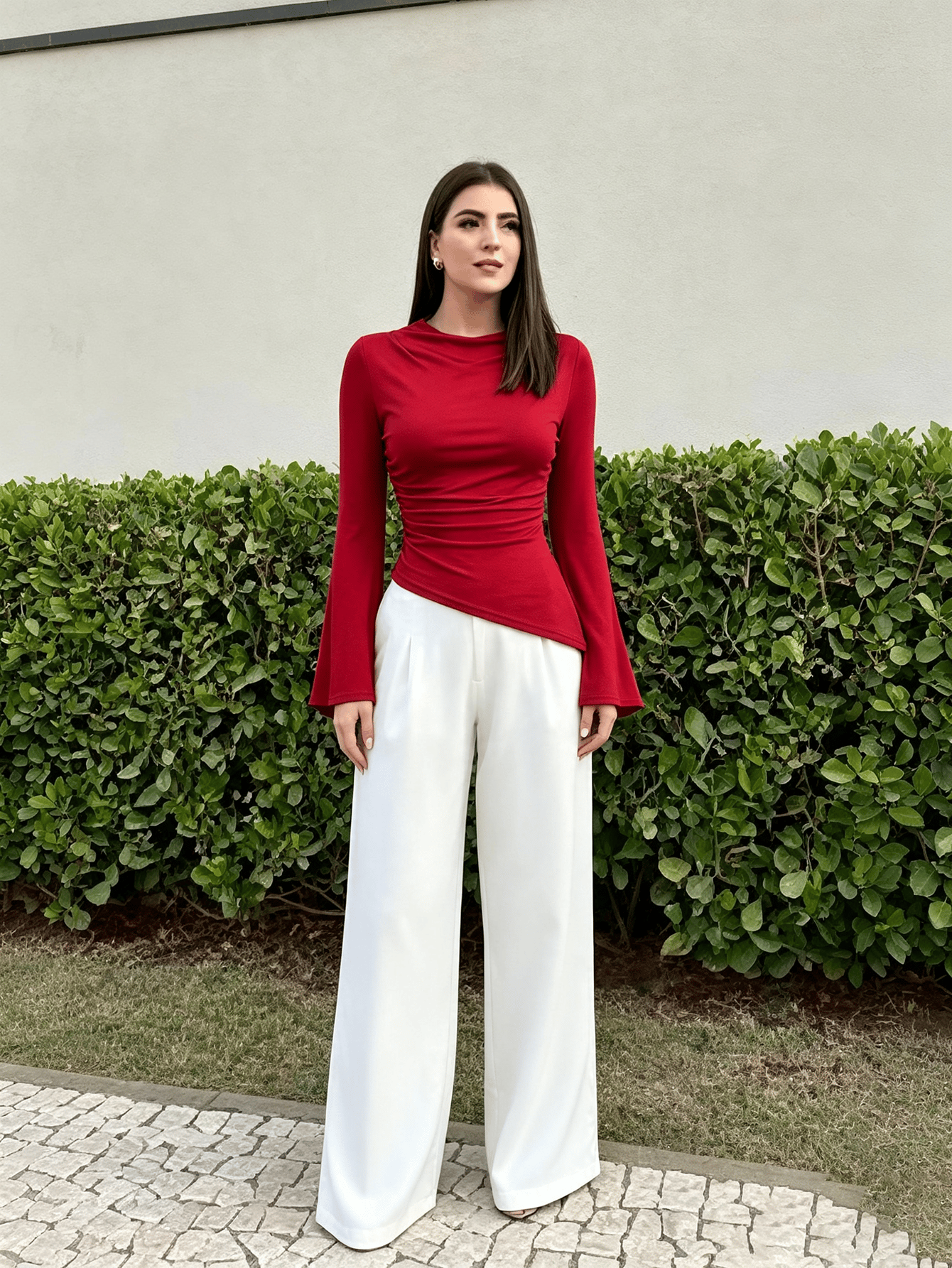 Red Solid Cowl Neck Top