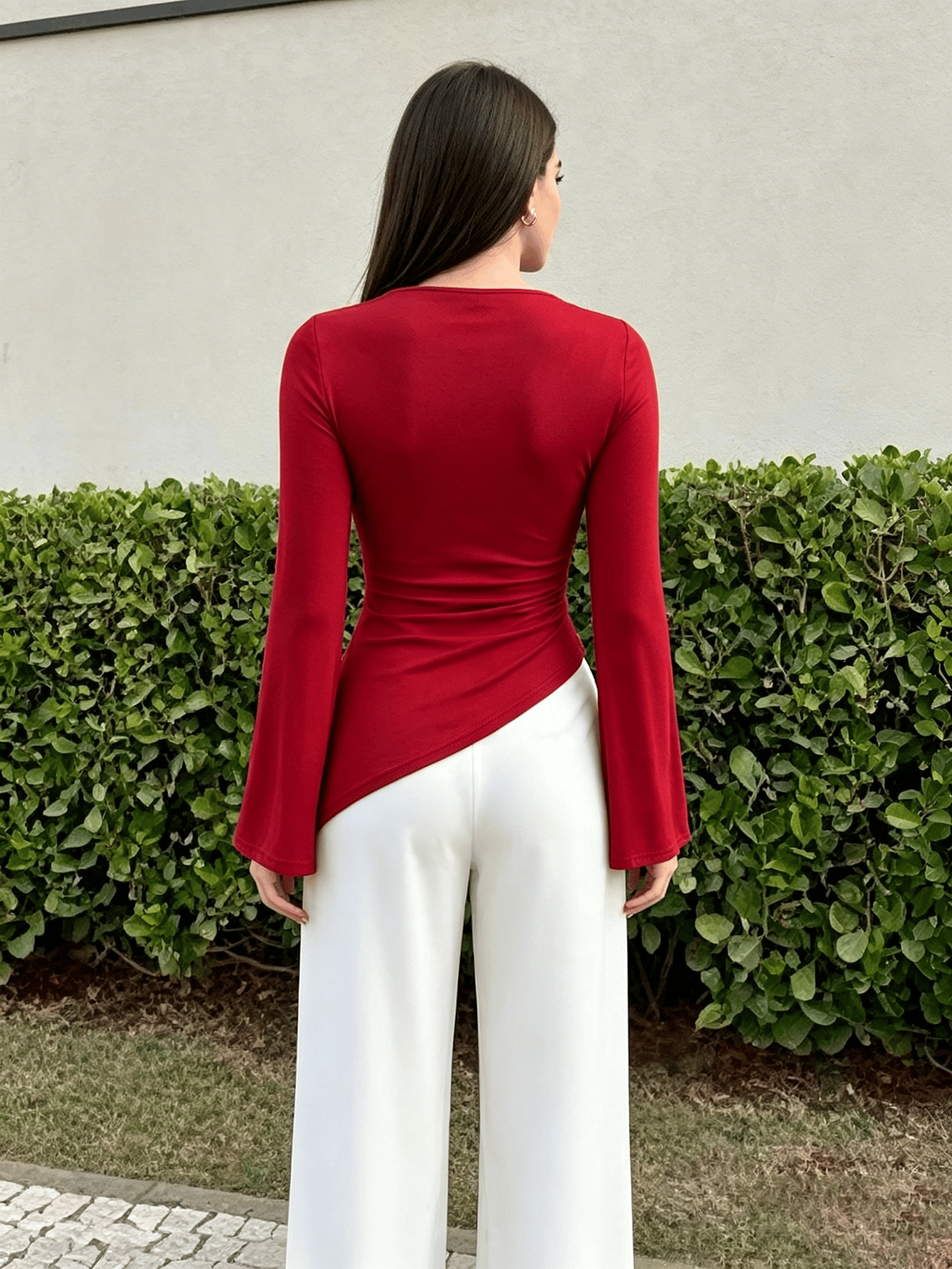 Red Solid Cowl Neck Top