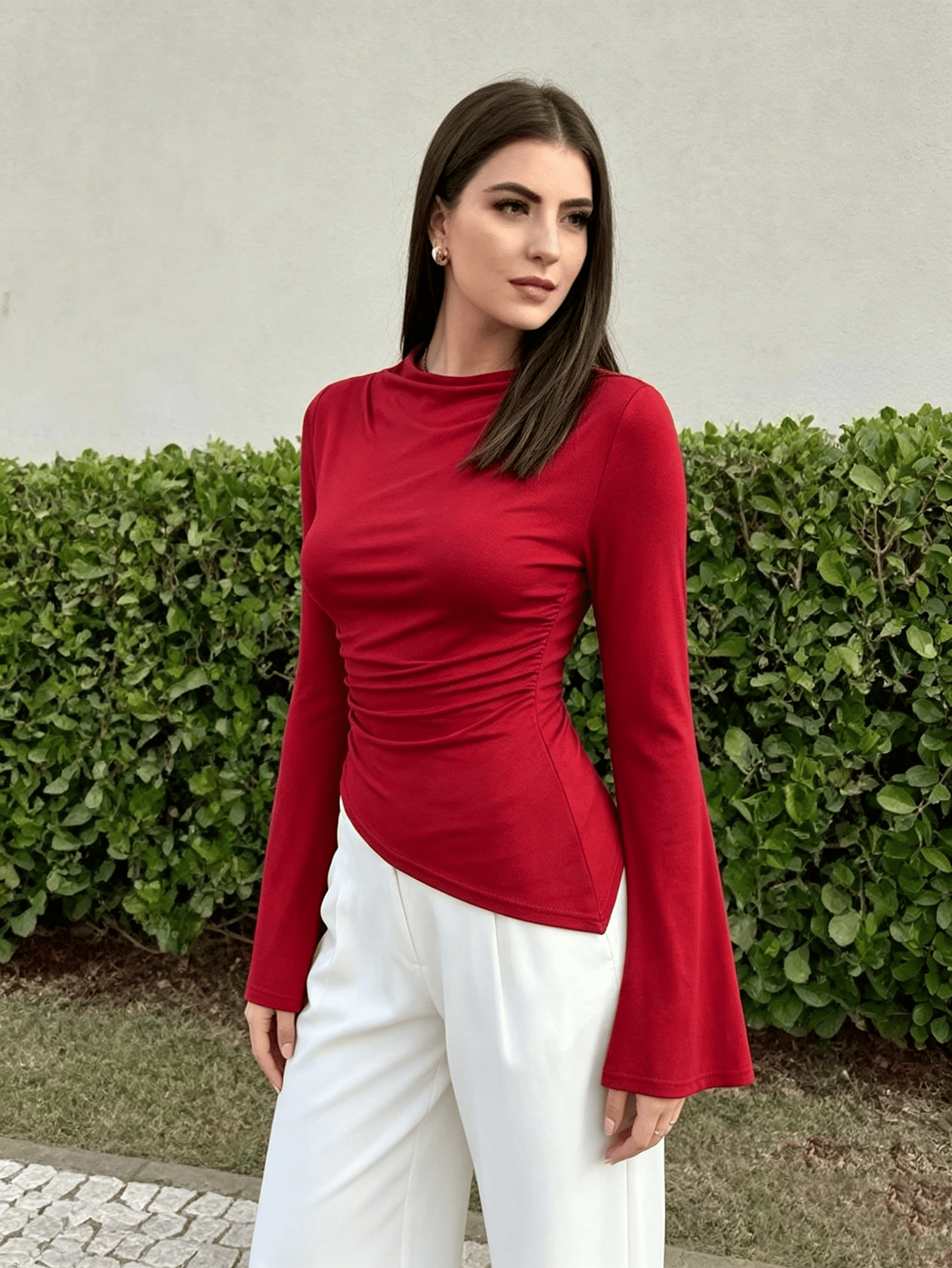 Red Solid Cowl Neck Top