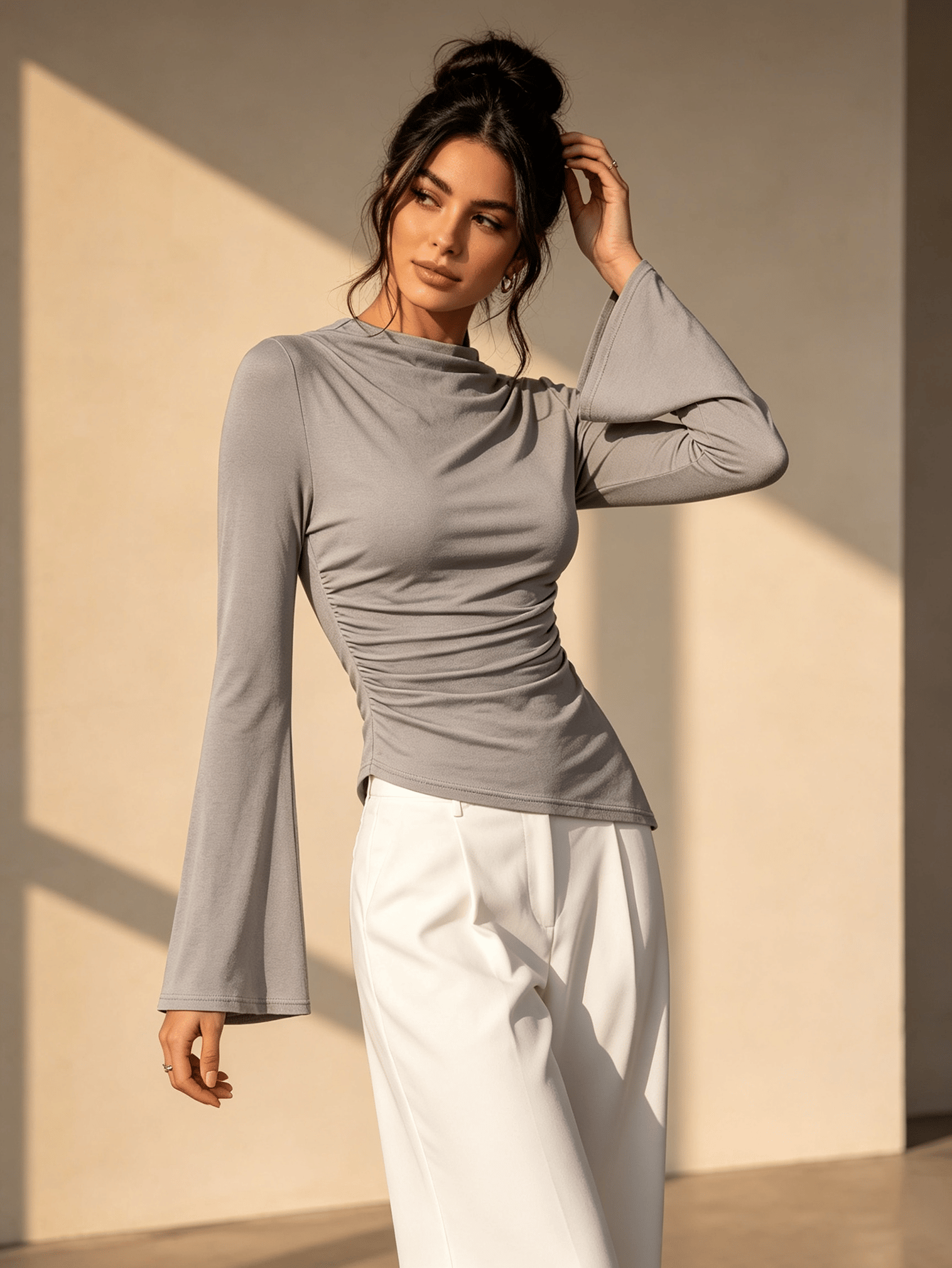 Grey Solid Cowl Neck Top