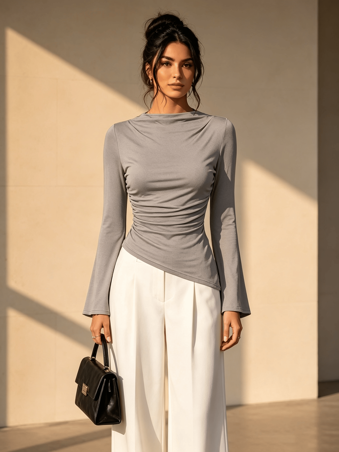 Grey Solid Cowl Neck Top