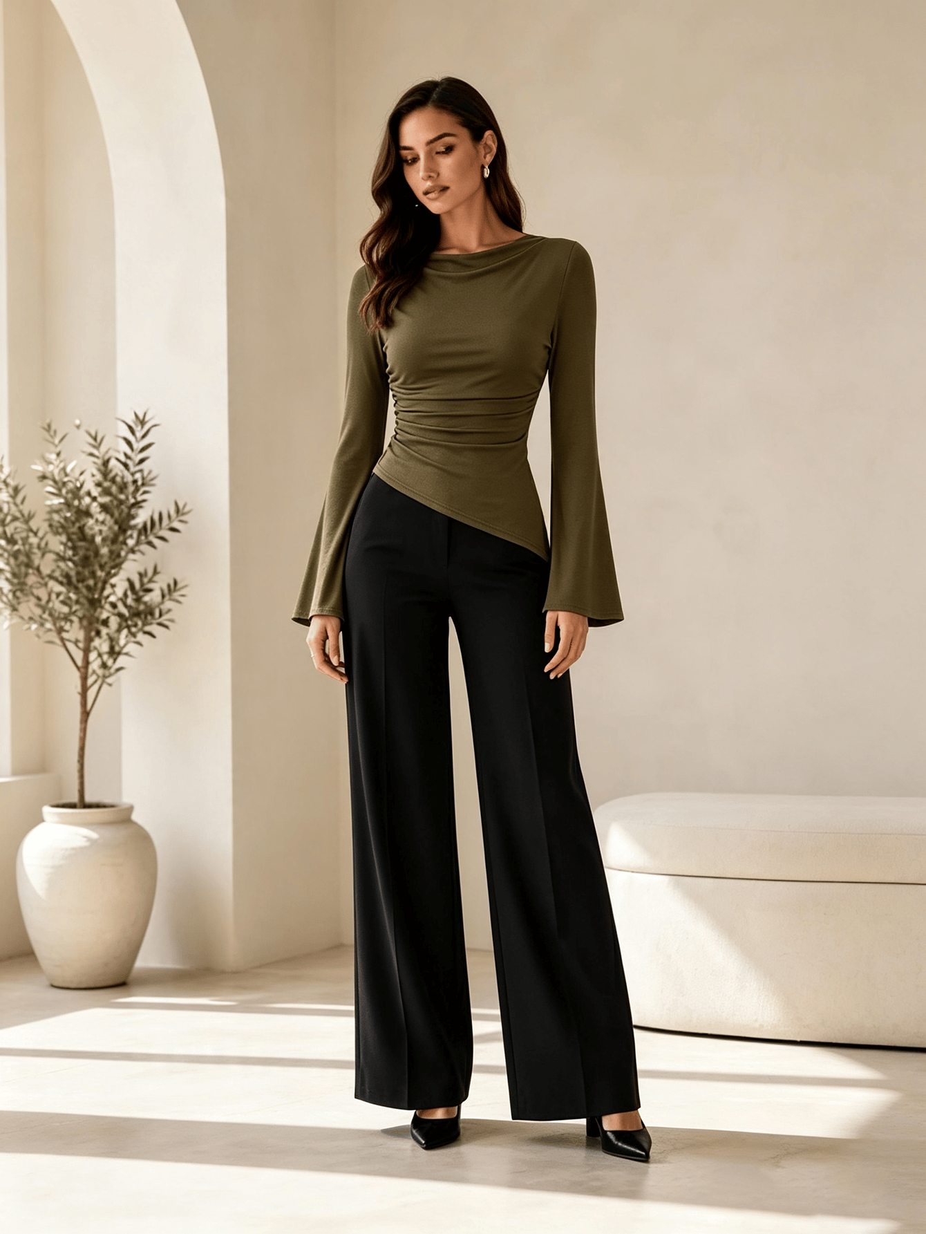 Olive Solid Cowl Neck Top