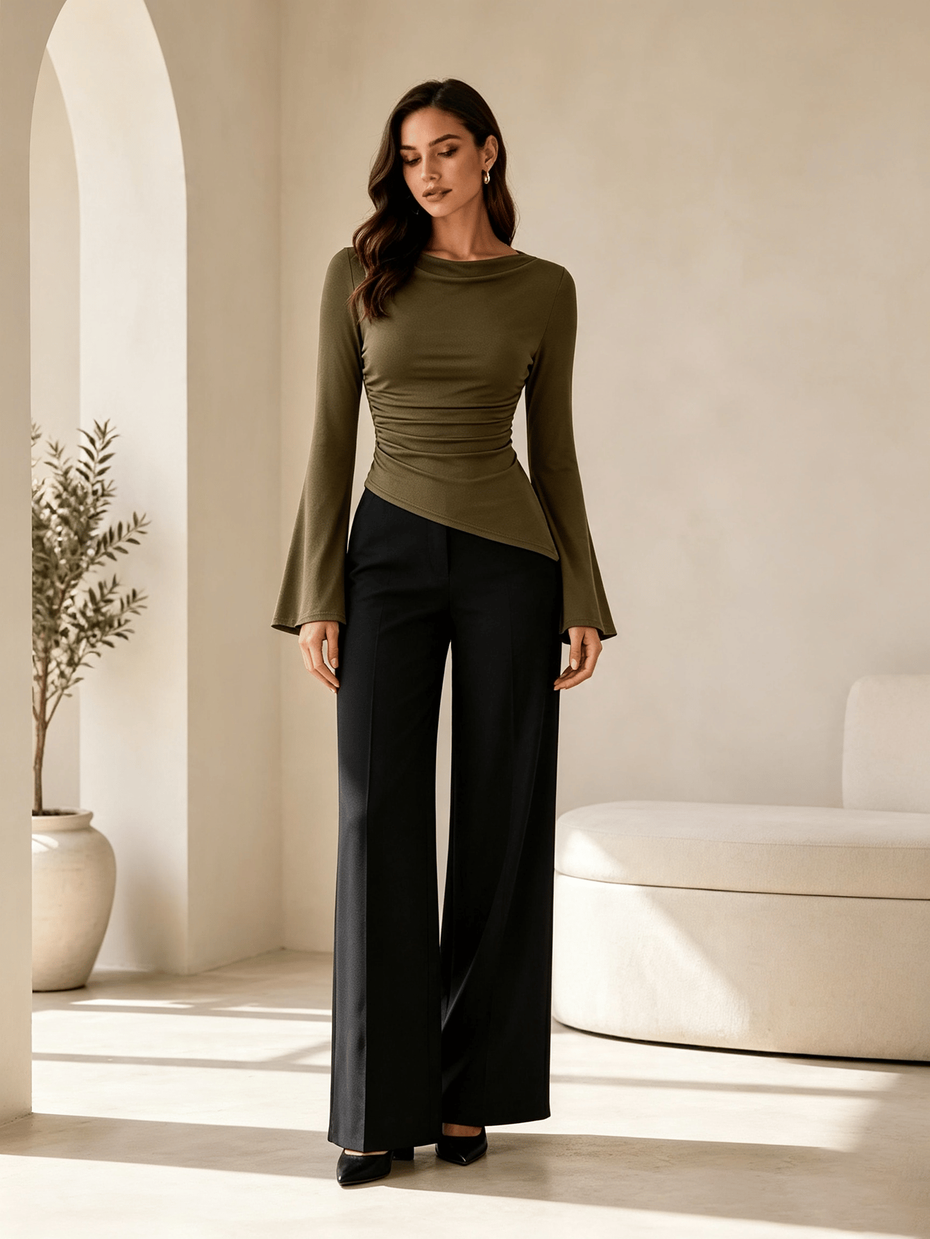 Olive Solid Cowl Neck Top