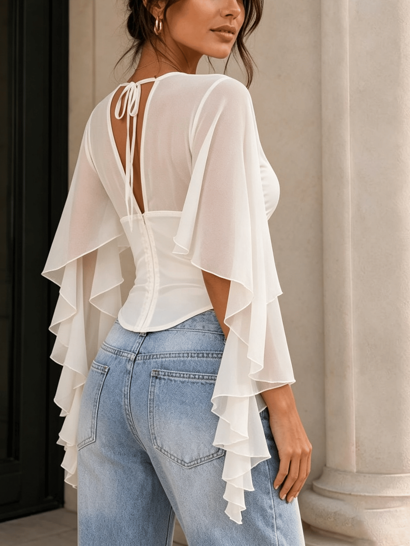 White Solid V Neck Top