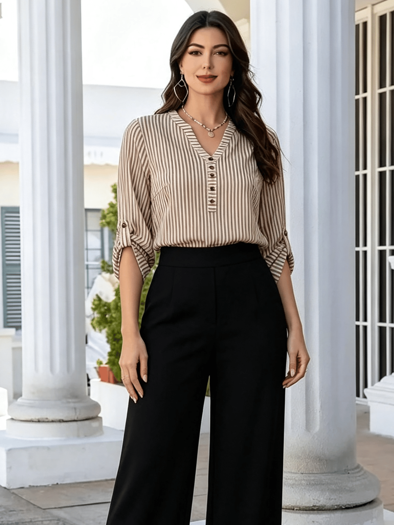 Brown Striped V Neck Blouse