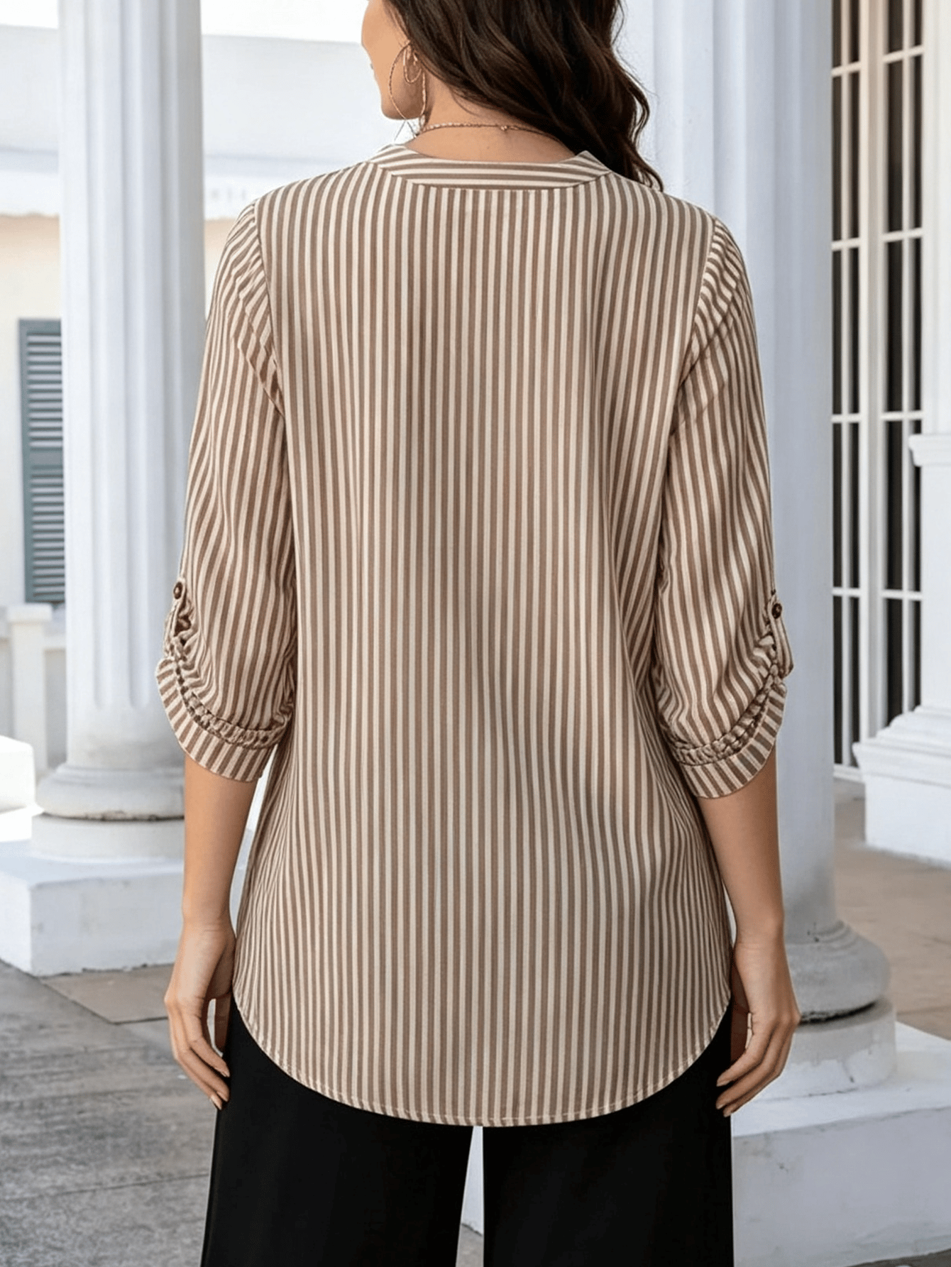 Brown Striped V Neck Blouse