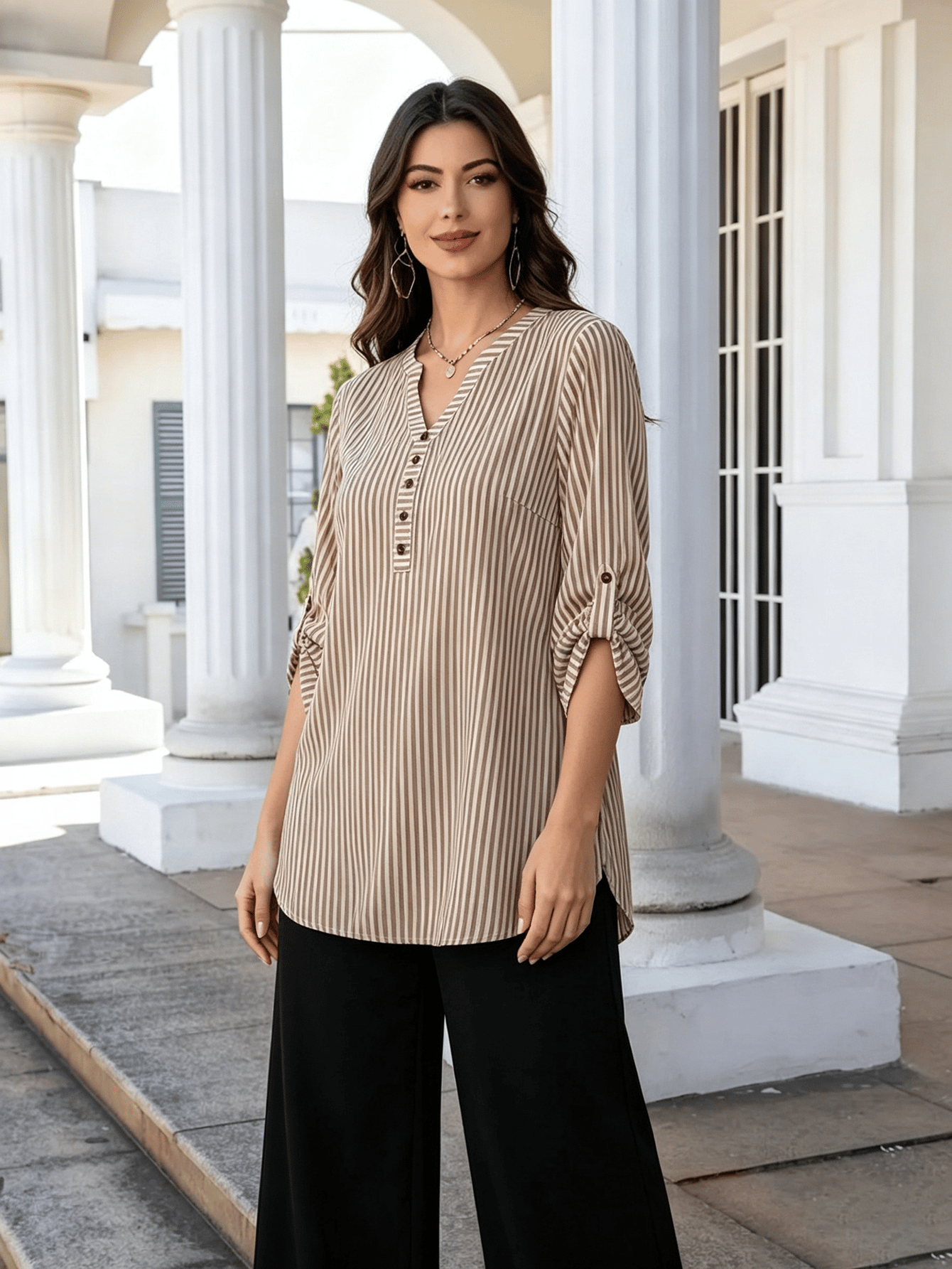 Brown Striped V Neck Blouse