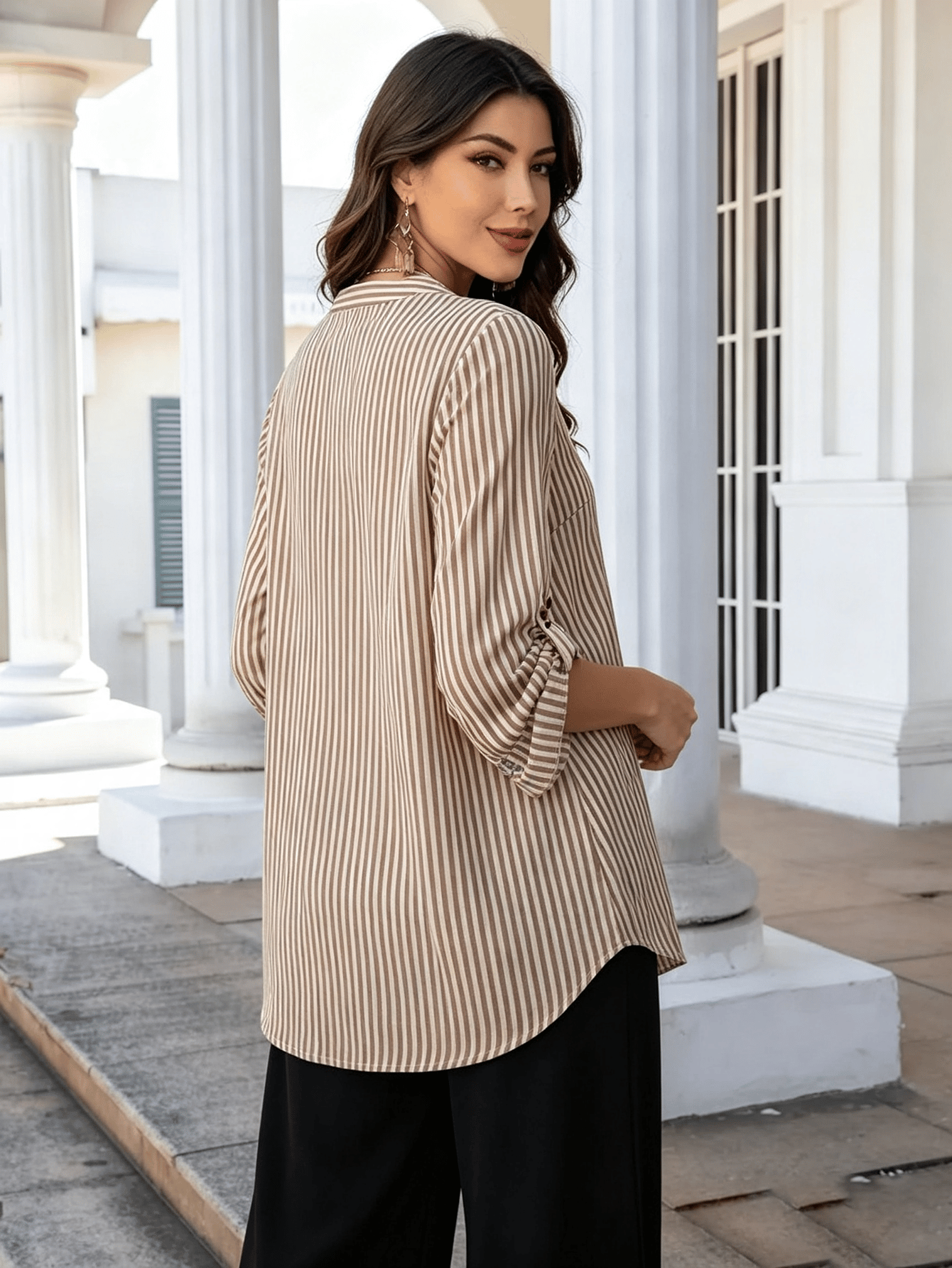 Brown Striped V Neck Blouse