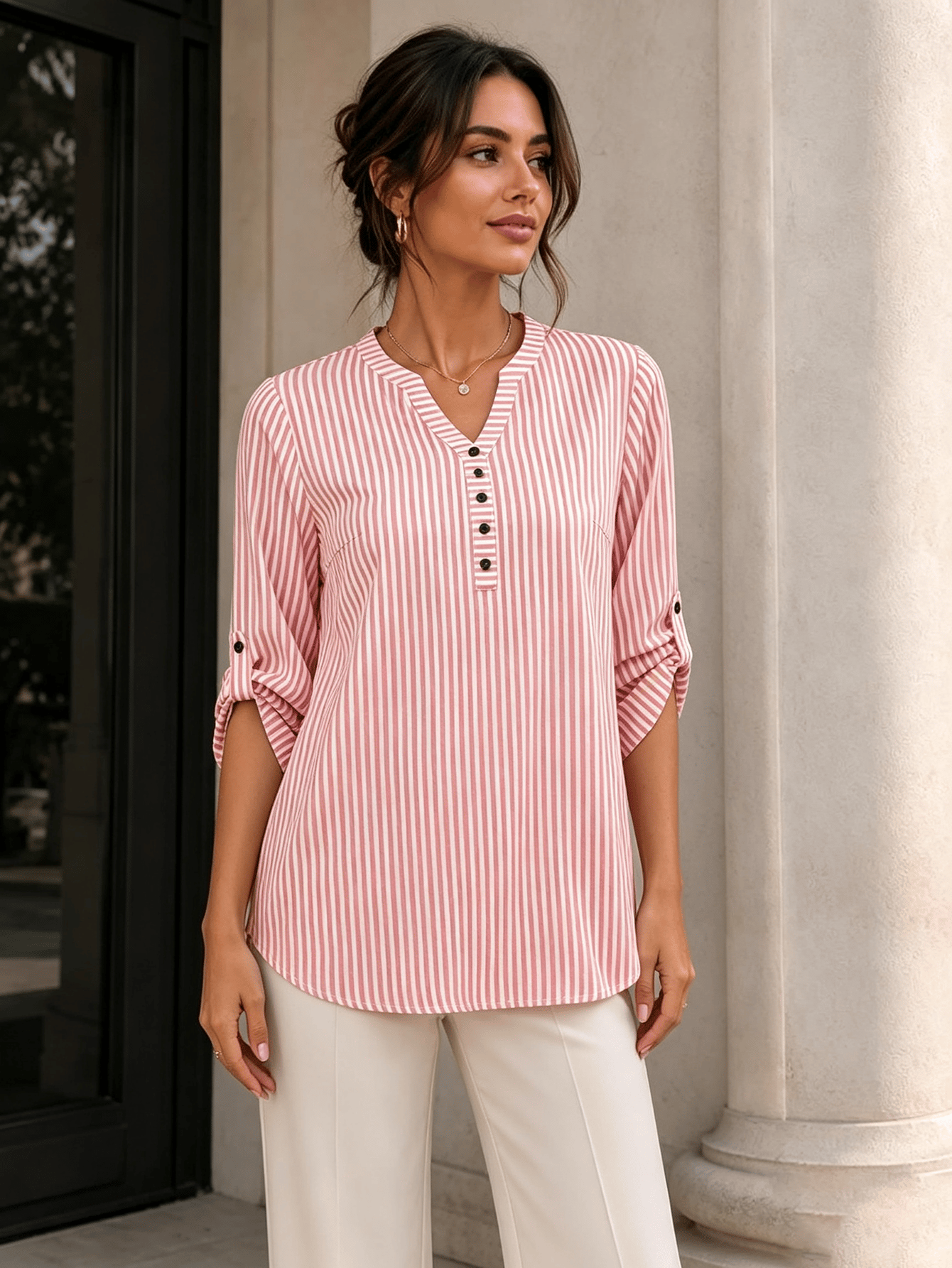 Pink Striped V Neck Blouse