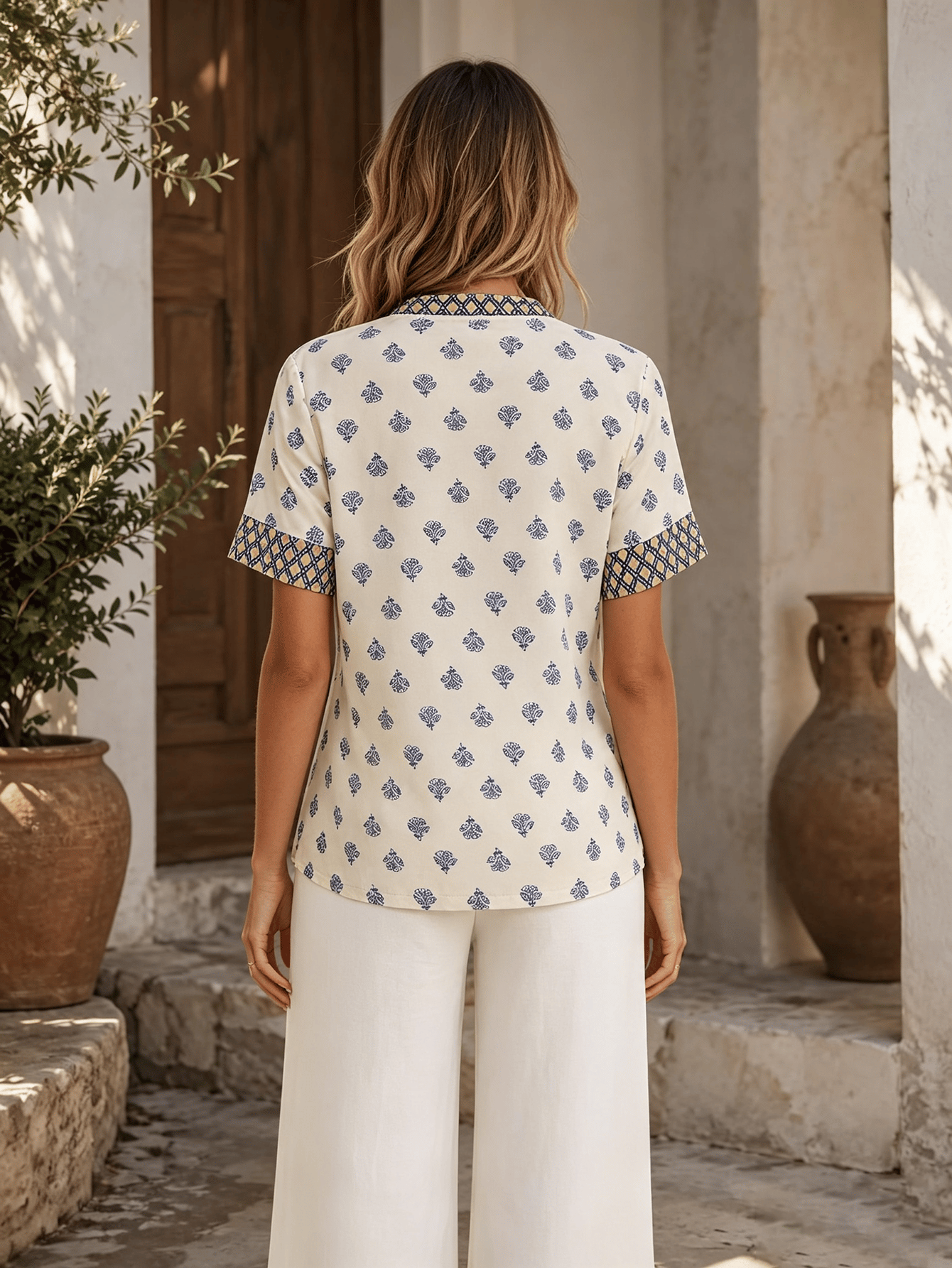 Beige Printed V Neck Top