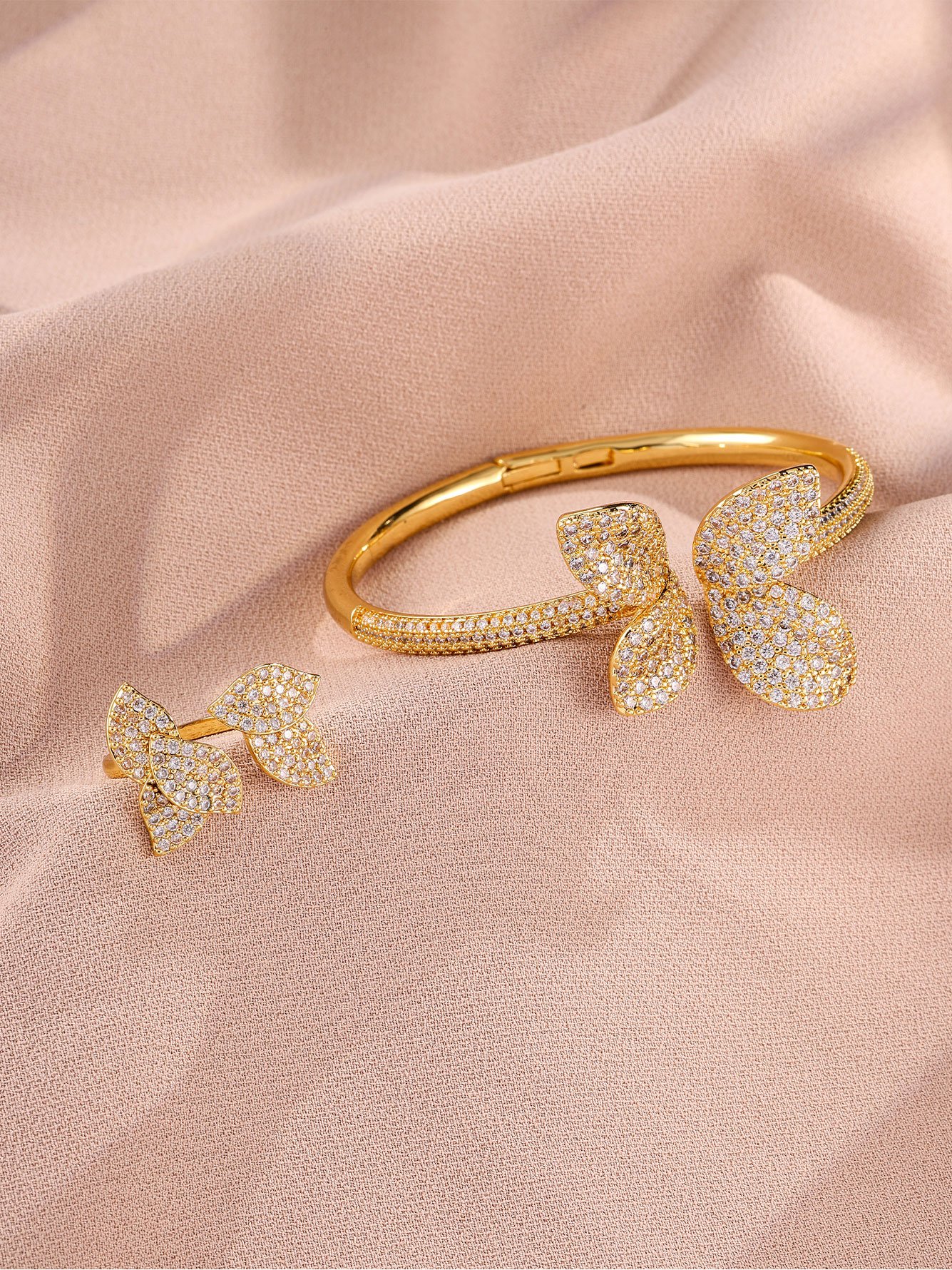 2-Piece Leaf Embellished Ring and Cuff Bangle Jewelry Set