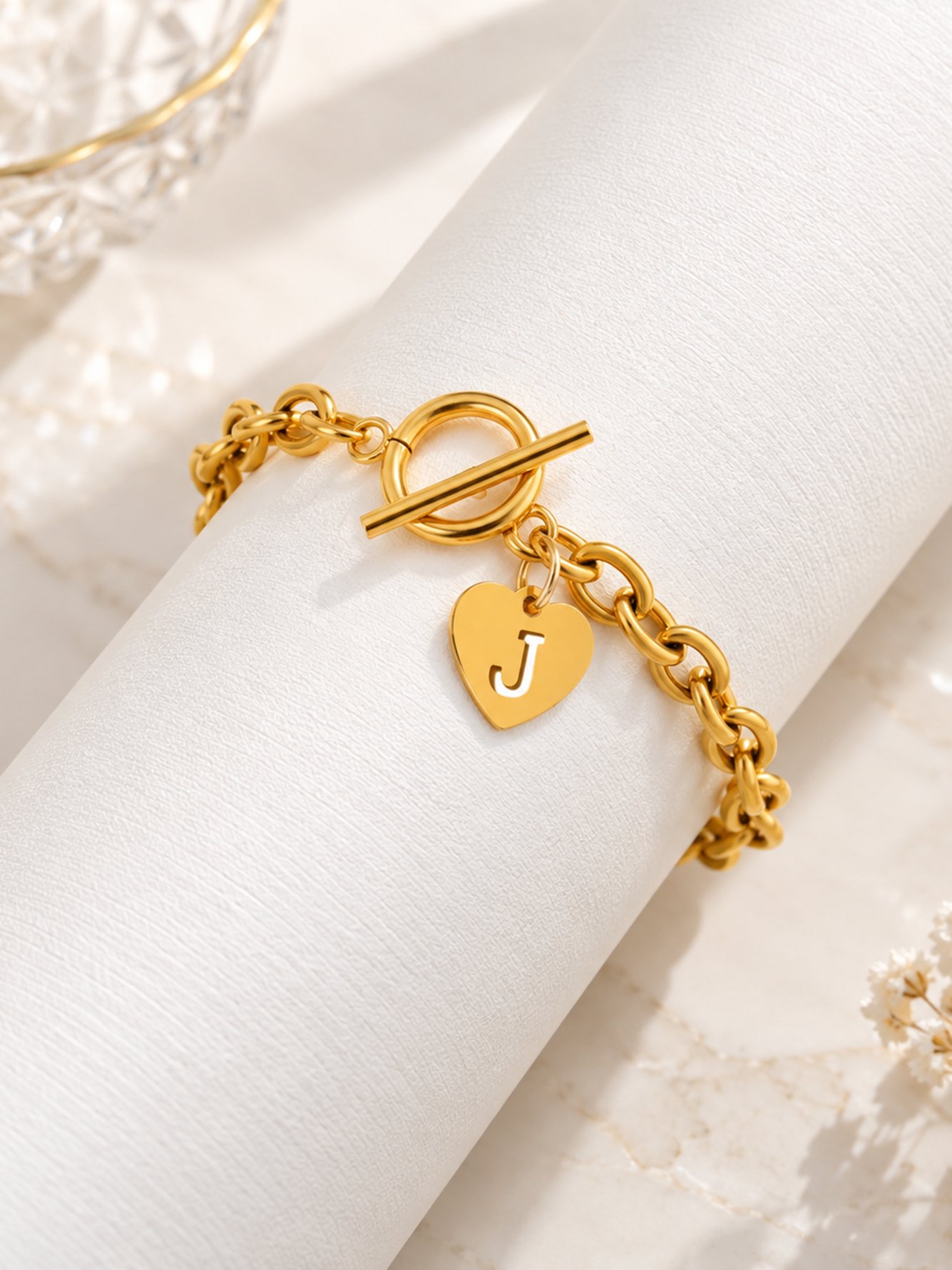 Gold Initial Heart Toggle Bracelet