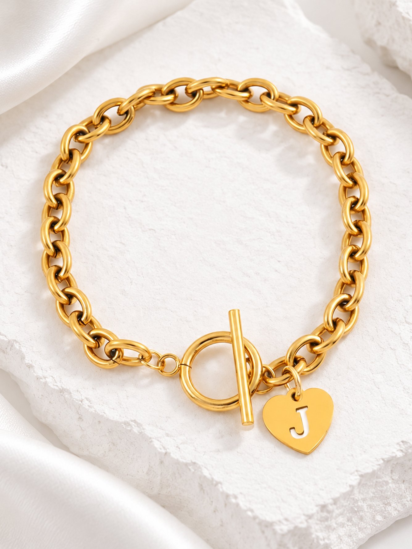 Gold Initial Heart Toggle Bracelet
