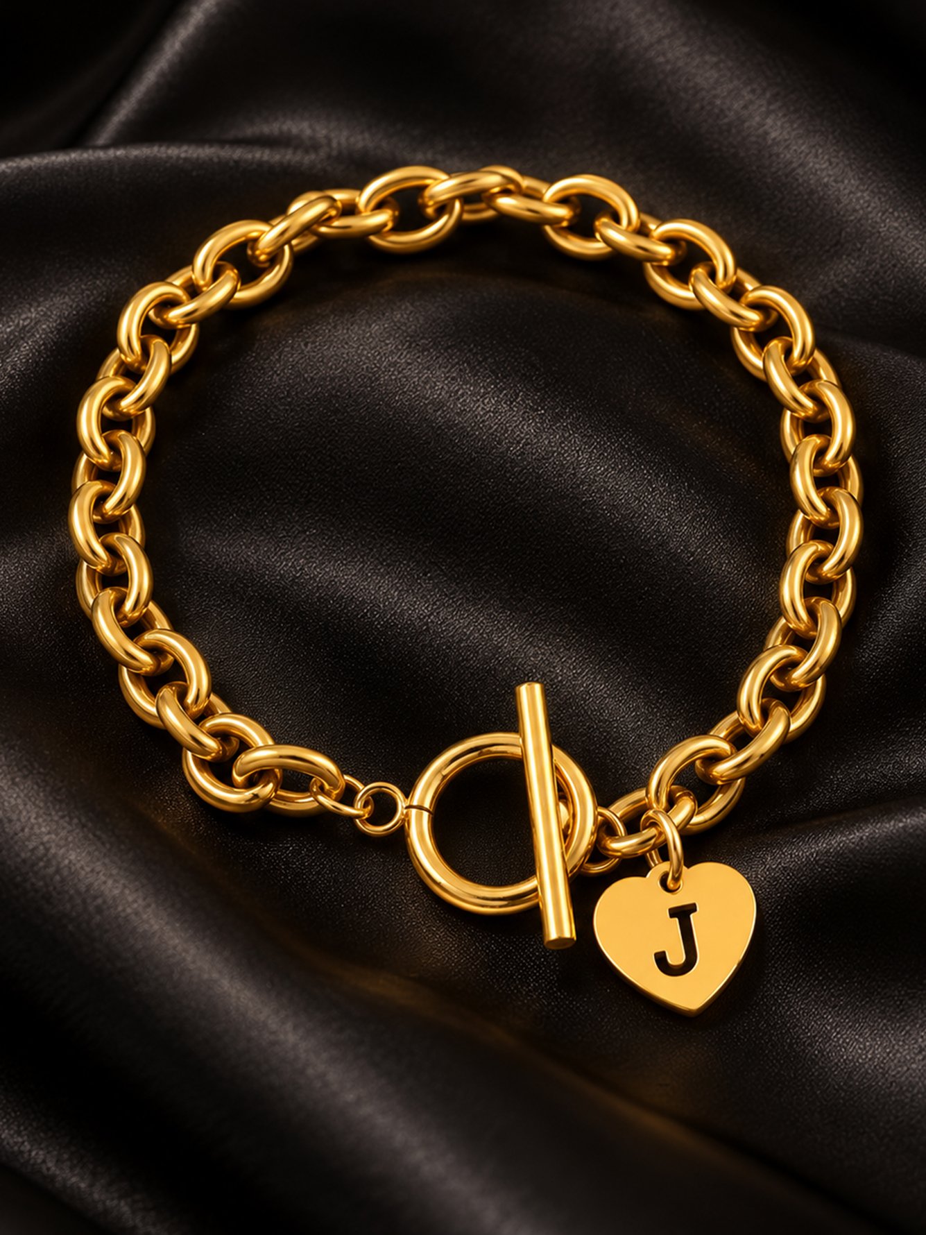 Gold Initial Heart Toggle Bracelet