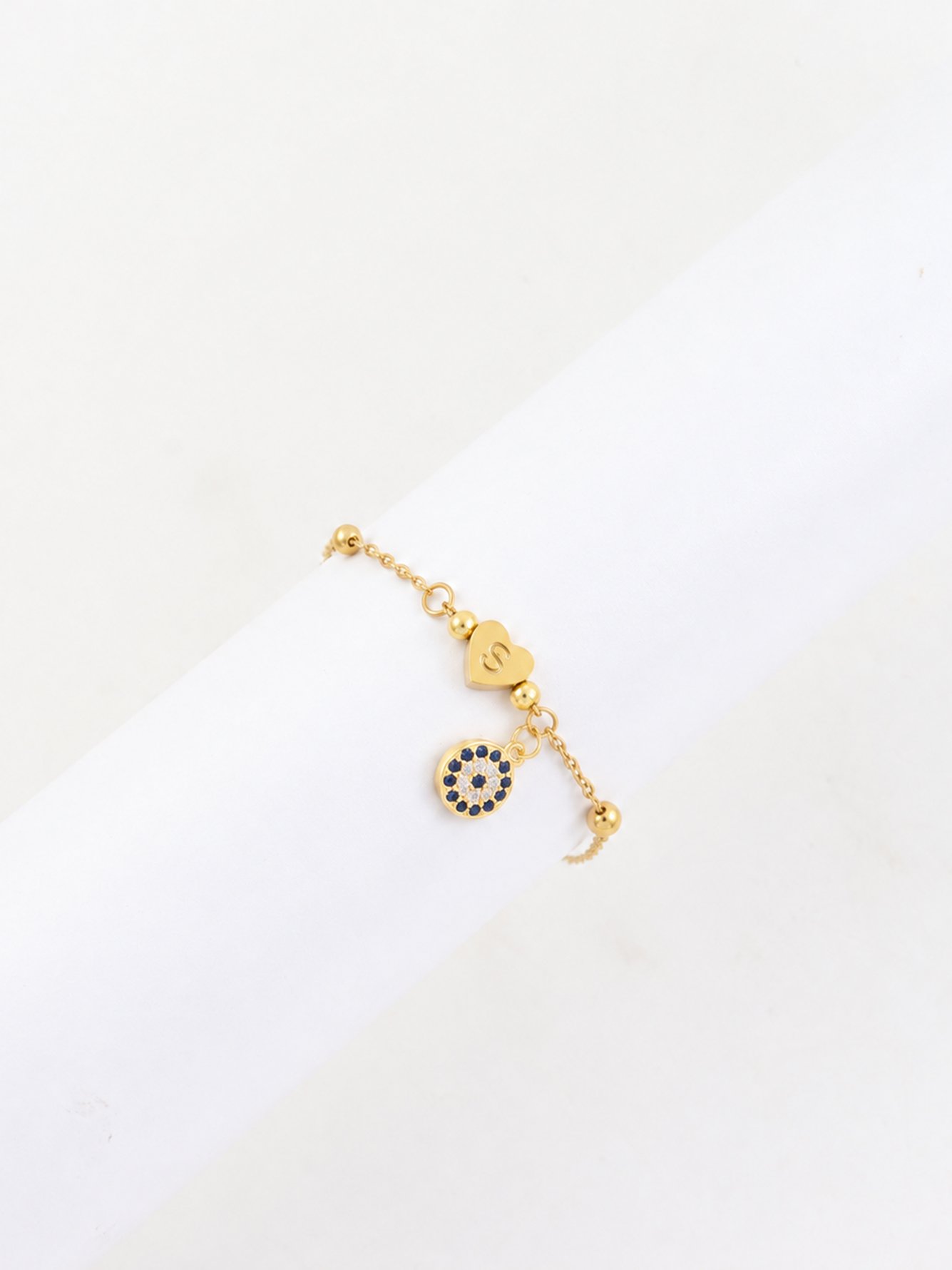 Gold Plated Evil Eye and Initial Heart Charm Bracelet