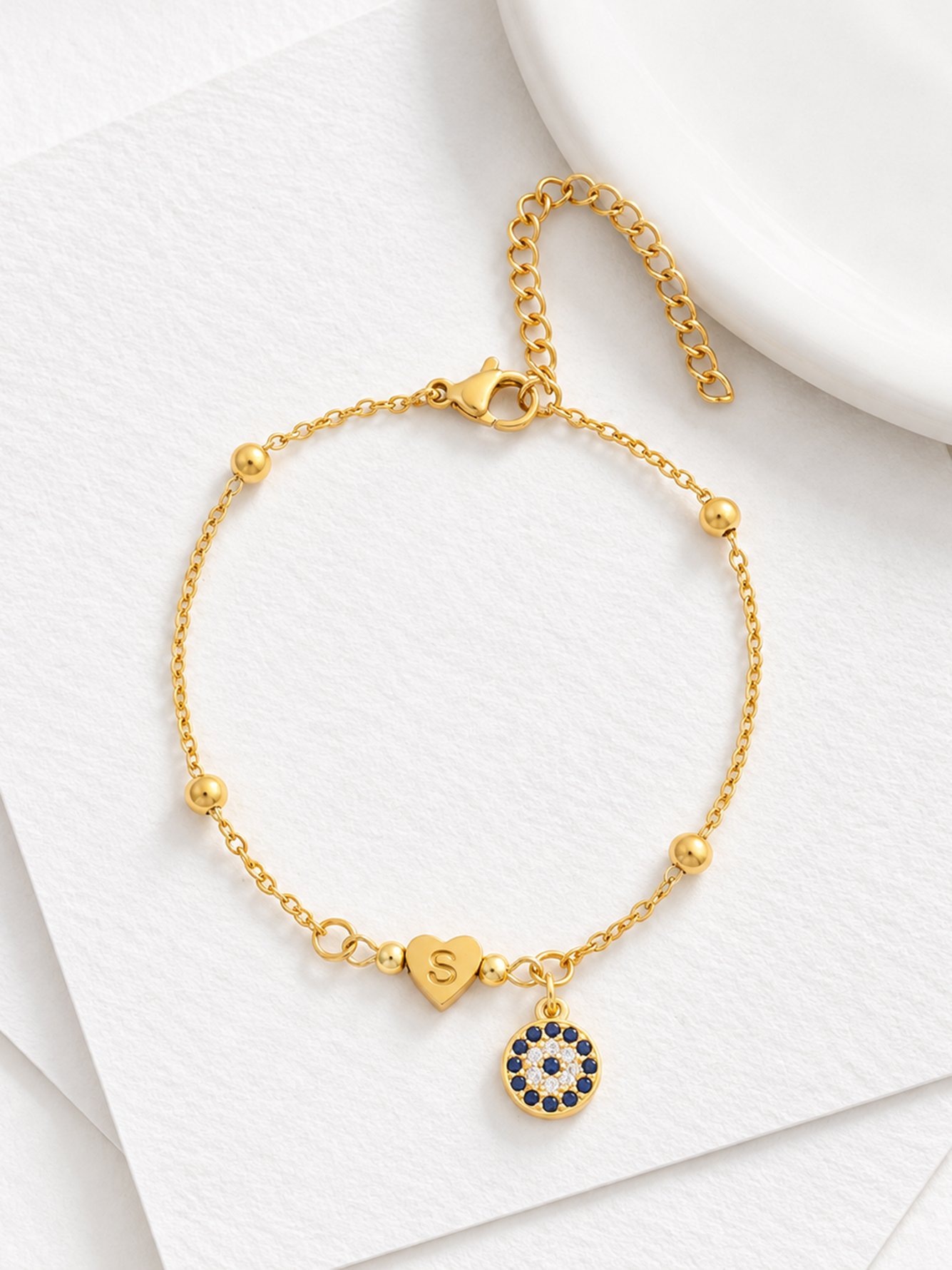 Gold Plated Evil Eye and Initial Heart Charm Bracelet
