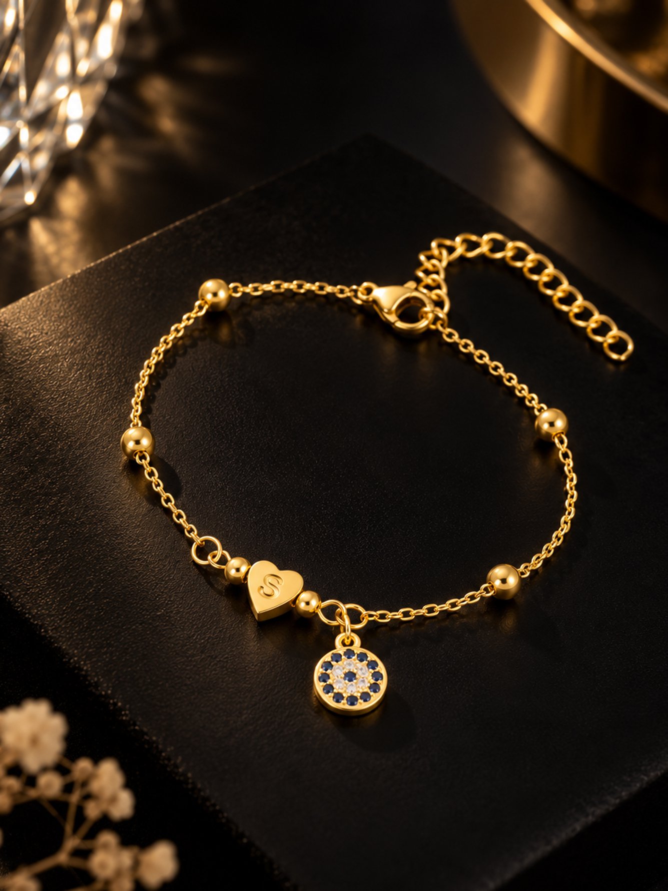 Gold Plated Evil Eye and Initial Heart Charm Bracelet