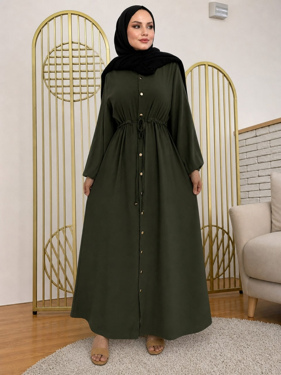 عباية سادة برباط خصر لارتداء النهار خضراء زيتونية