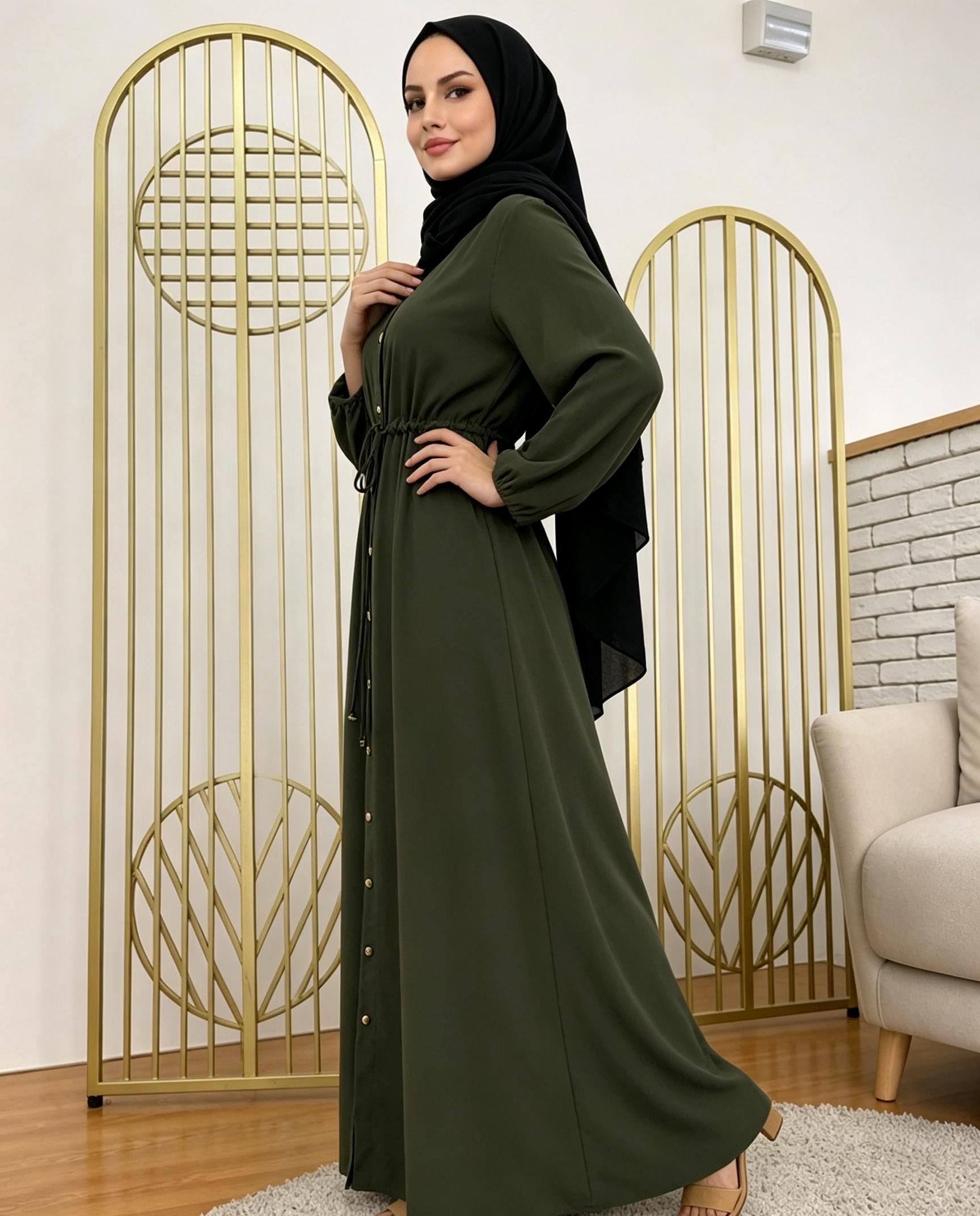 عباية سادة برباط خصر لارتداء النهار خضراء زيتونية