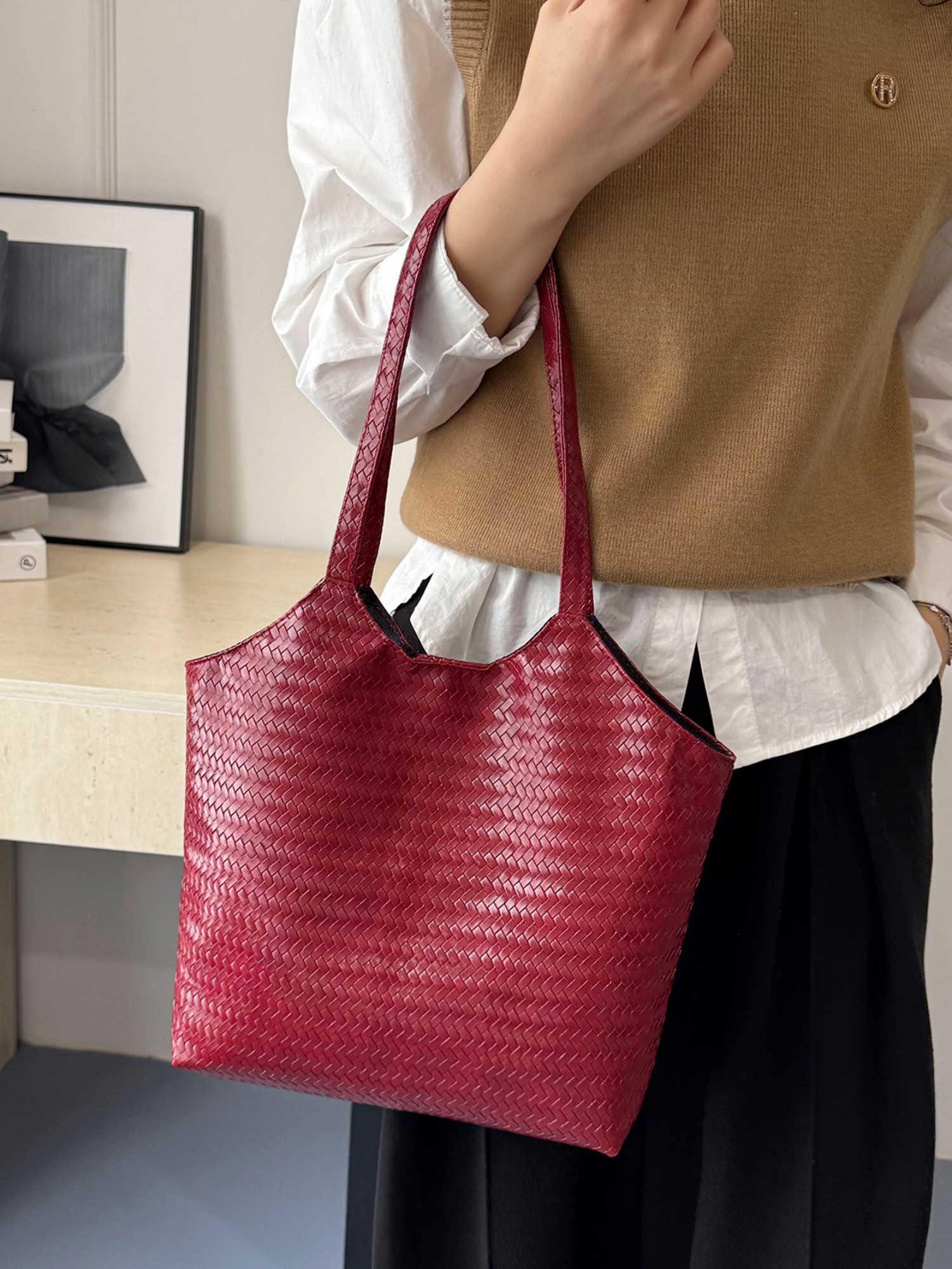 Red Texture Shoulder Bag with Button