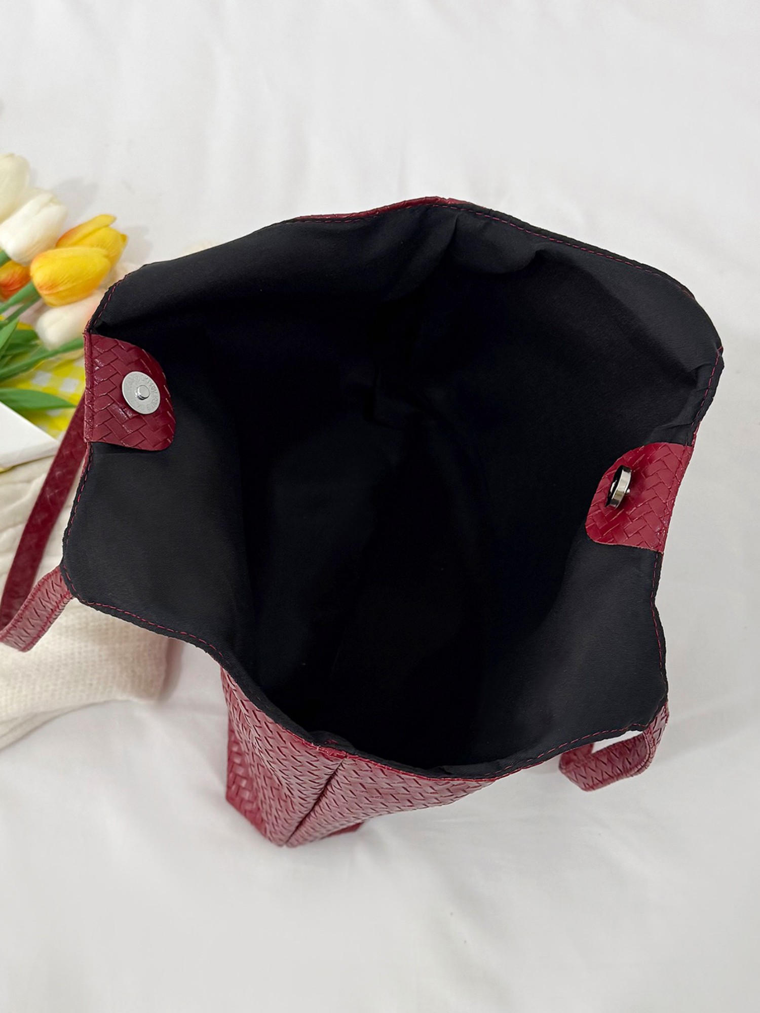 Red Texture Shoulder Bag with Button