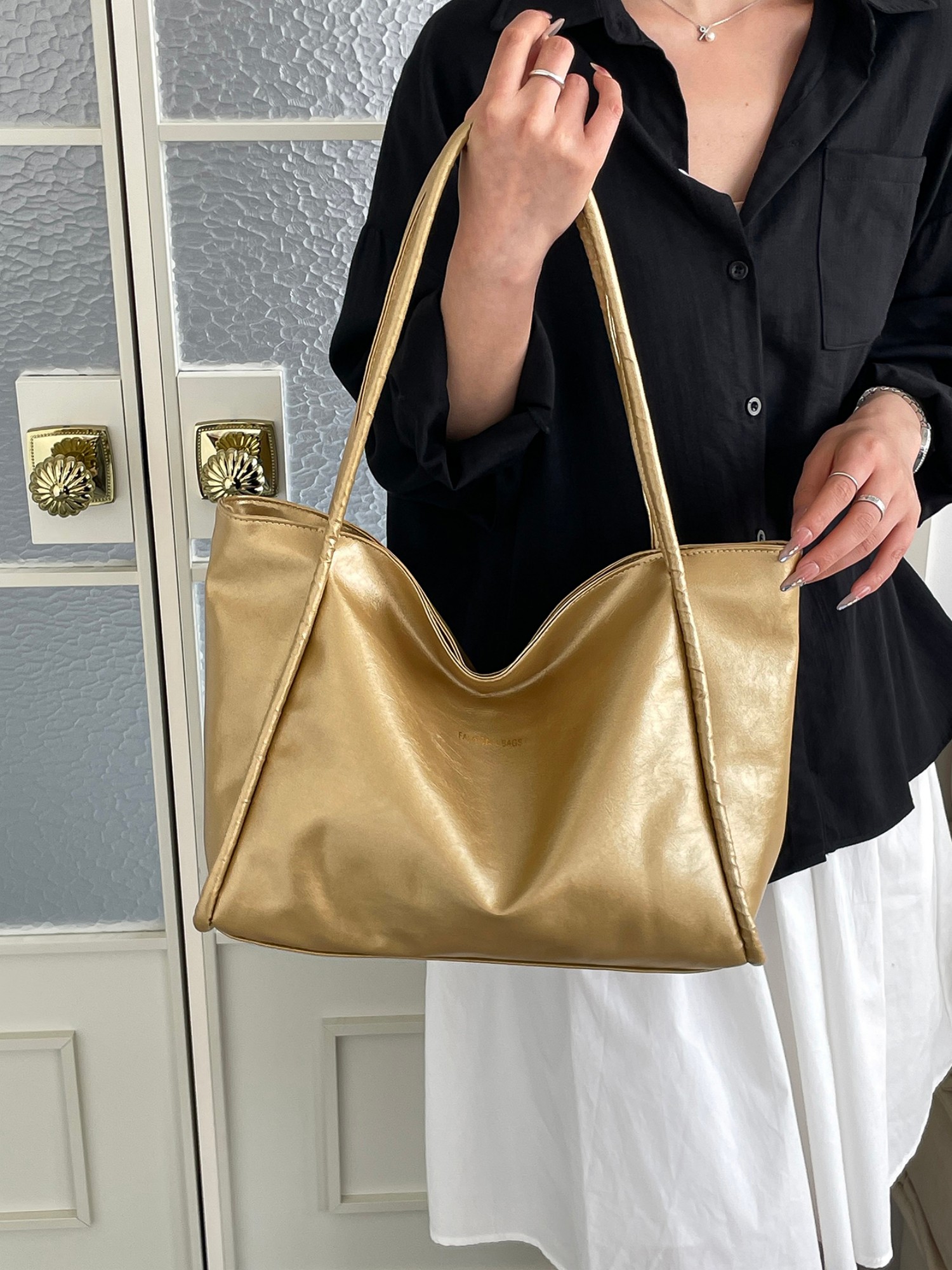 Gold Solid Shoulder Bag with Zip