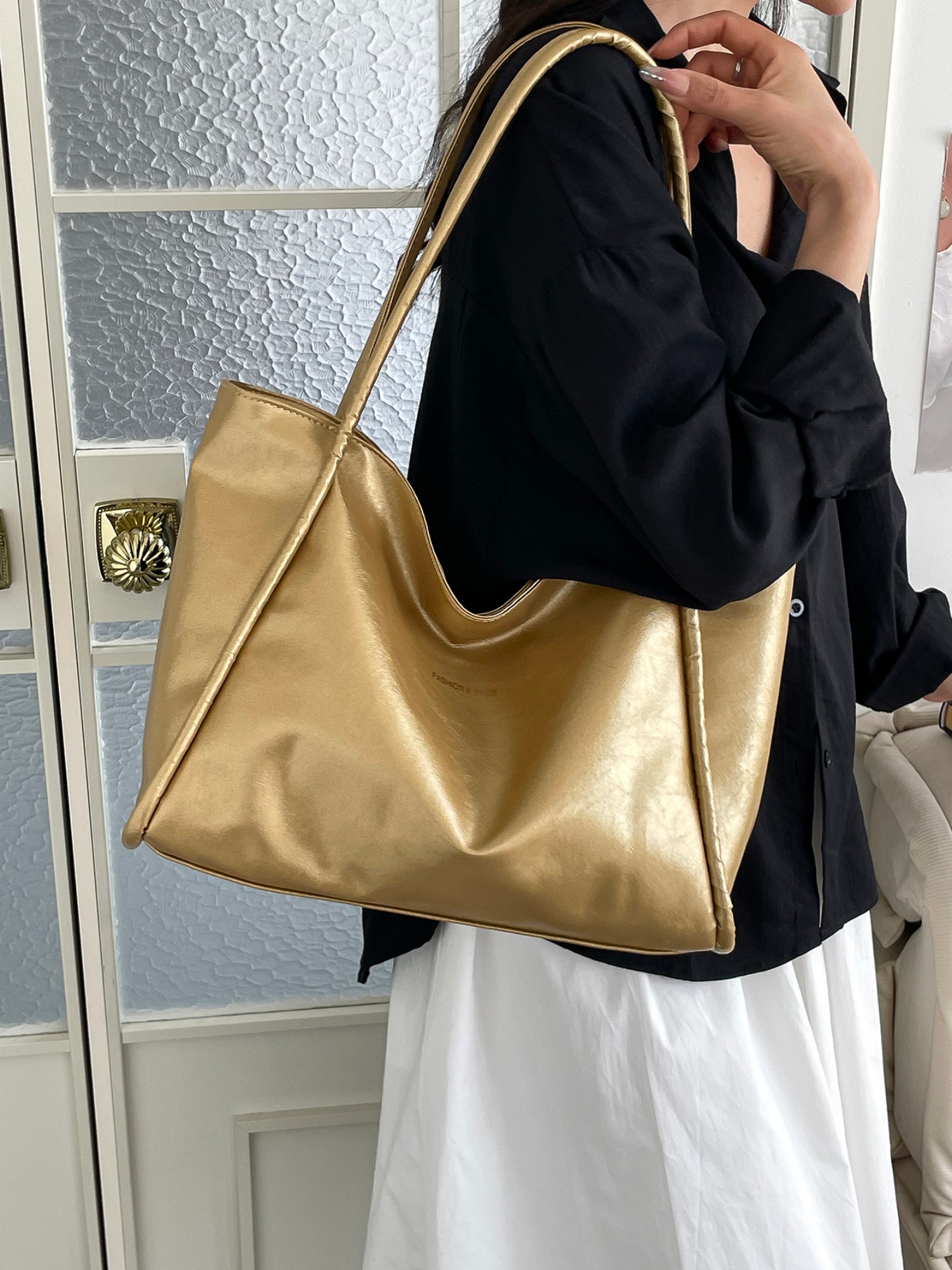 Gold Solid Shoulder Bag with Zip