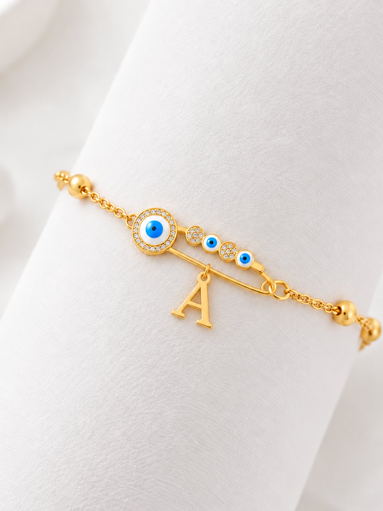 Eye Pin Initial Gold Color Stainless Steel Bead Chain Bracelets