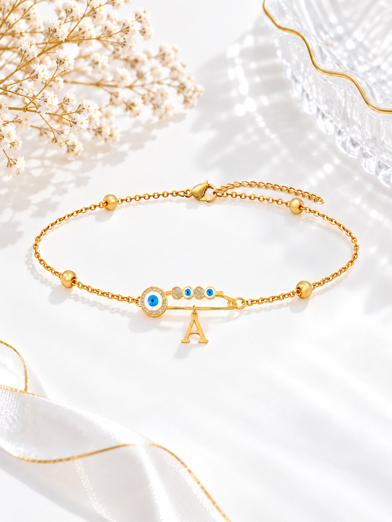 Eye Pin Initial Gold Color Stainless Steel Bead Chain Bracelets