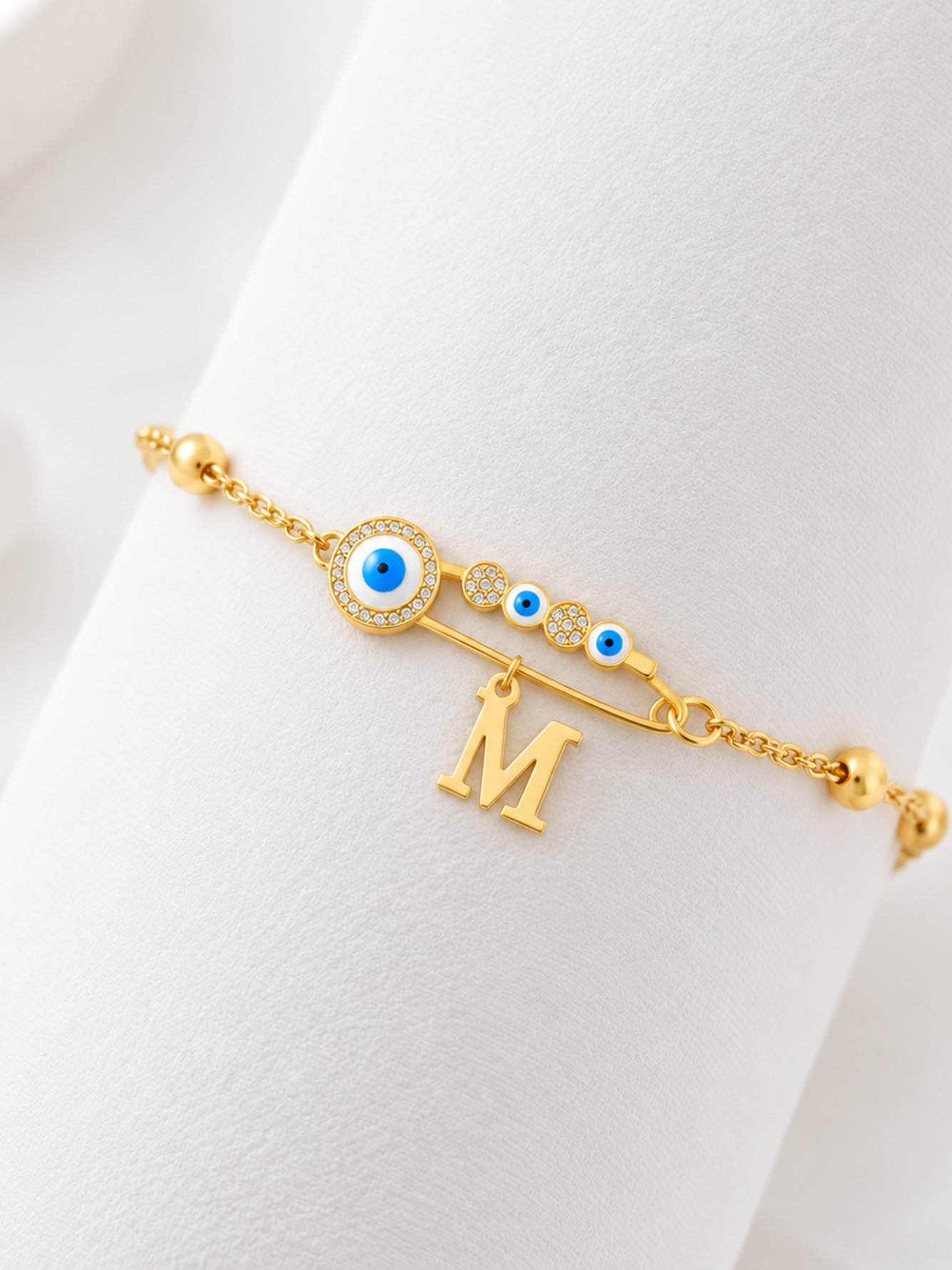 Eye Pin Initial Gold Color Stainless Steel Bead Chain Bracelets