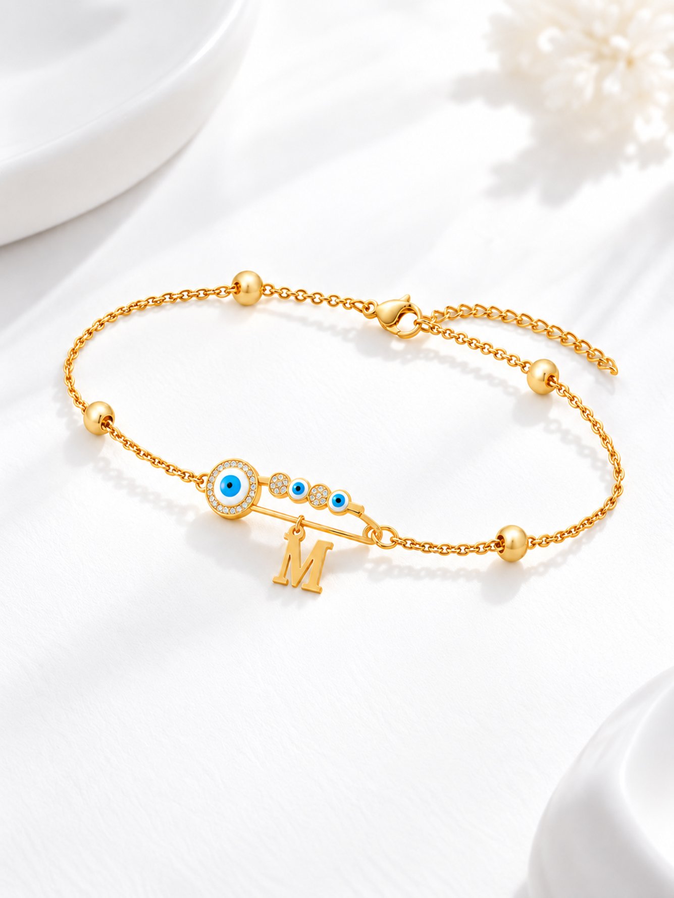 Eye Pin Initial Gold Color Stainless Steel Bead Chain Bracelets