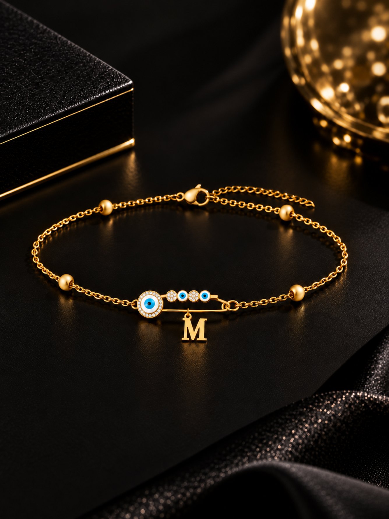 Eye Pin Initial Gold Color Stainless Steel Bead Chain Bracelets