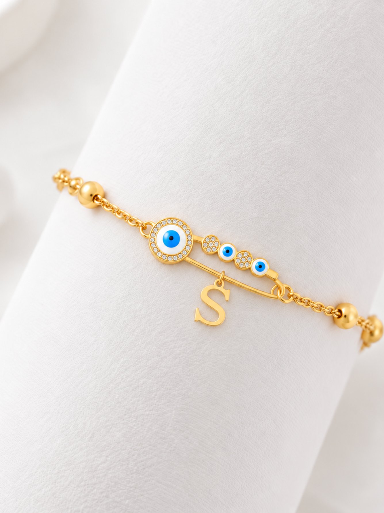 Golden Evil Eye and Initial Charm Bracelet