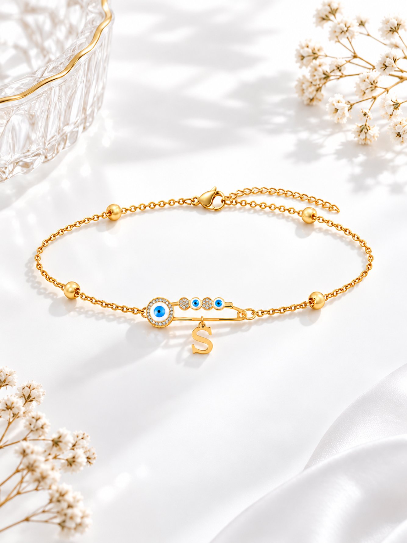 Golden Evil Eye and Initial Charm Bracelet