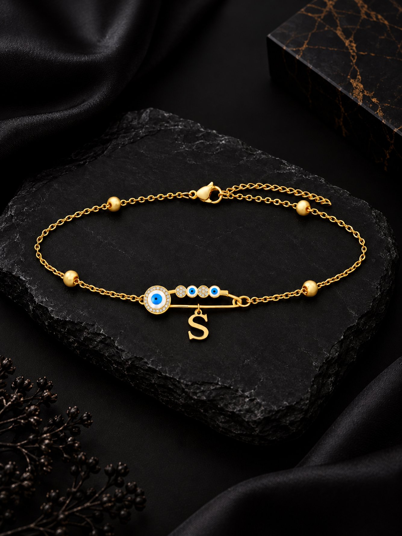 Golden Evil Eye and Initial Charm Bracelet