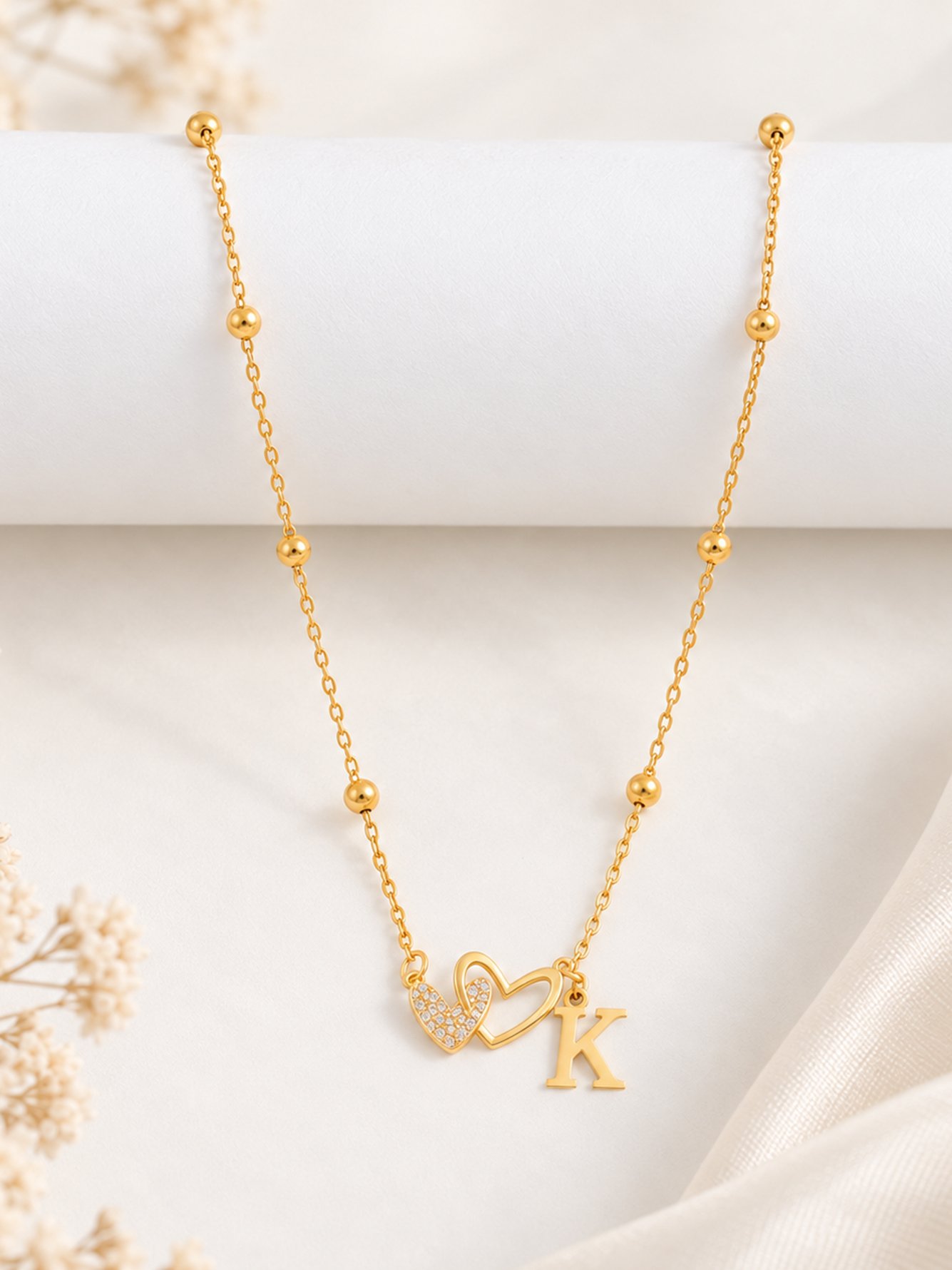 Gold Initial Necklace with Pave Heart Pendant