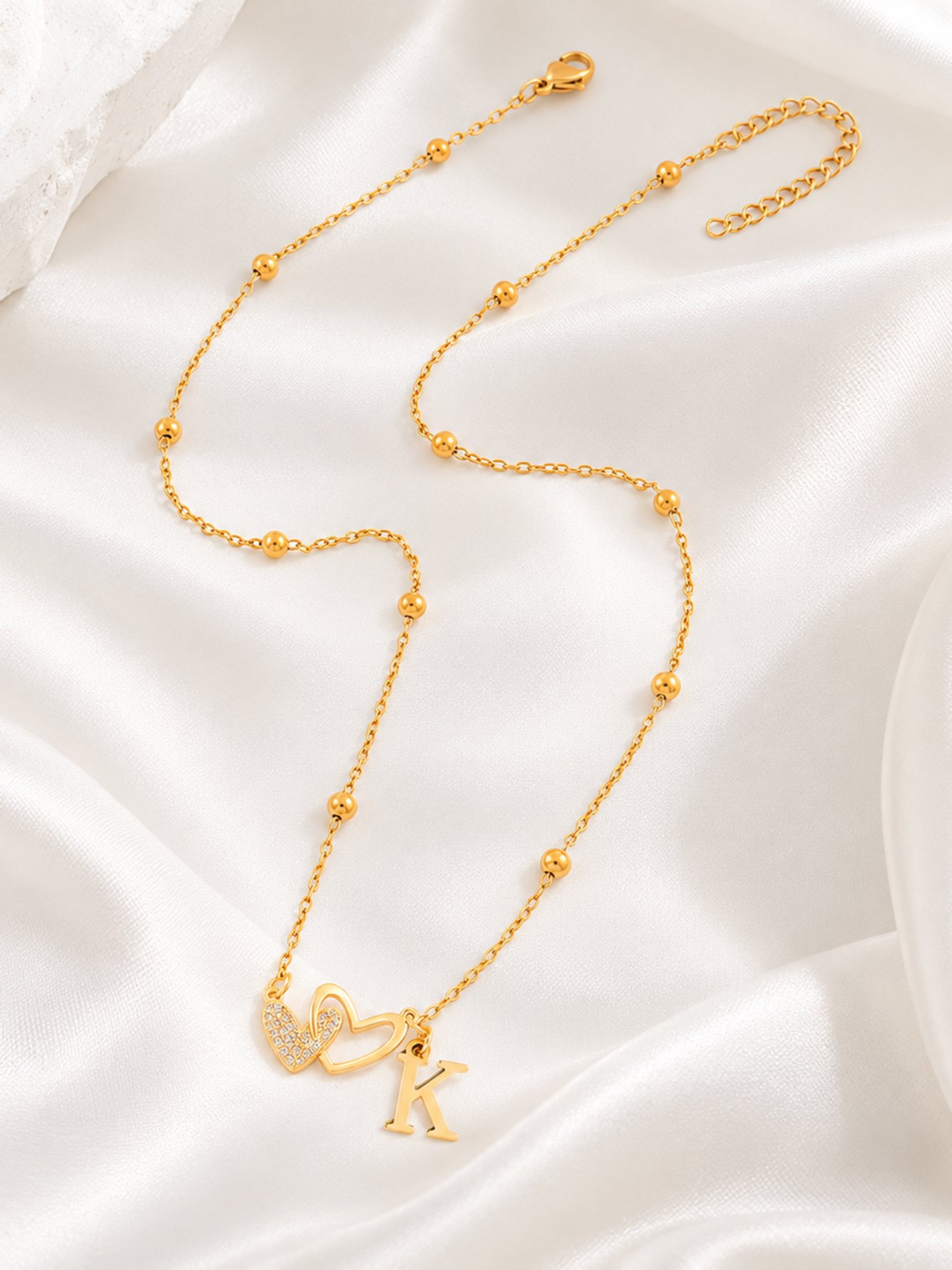 Gold Initial Necklace with Pave Heart Pendant