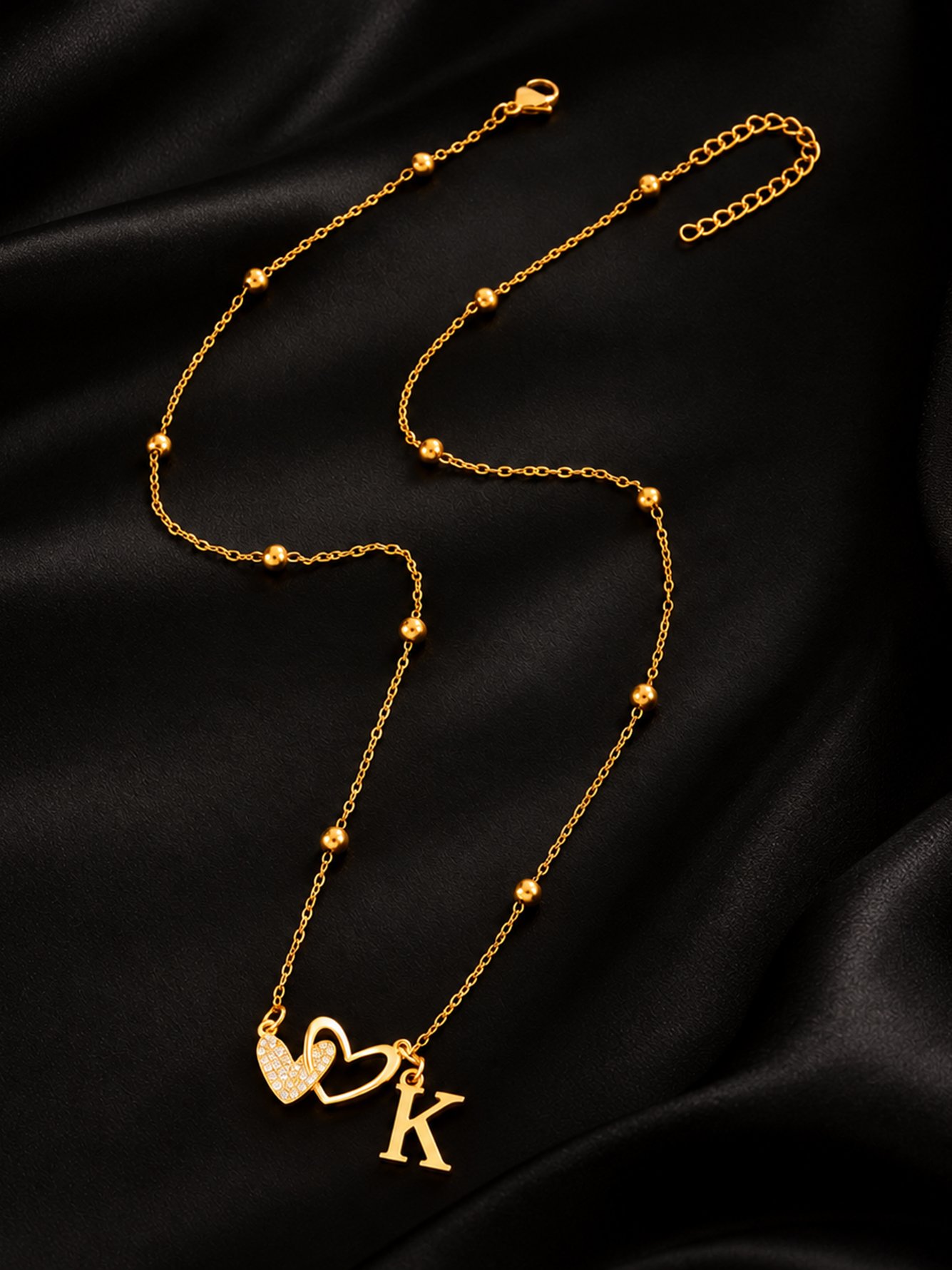 Gold Initial Necklace with Pave Heart Pendant