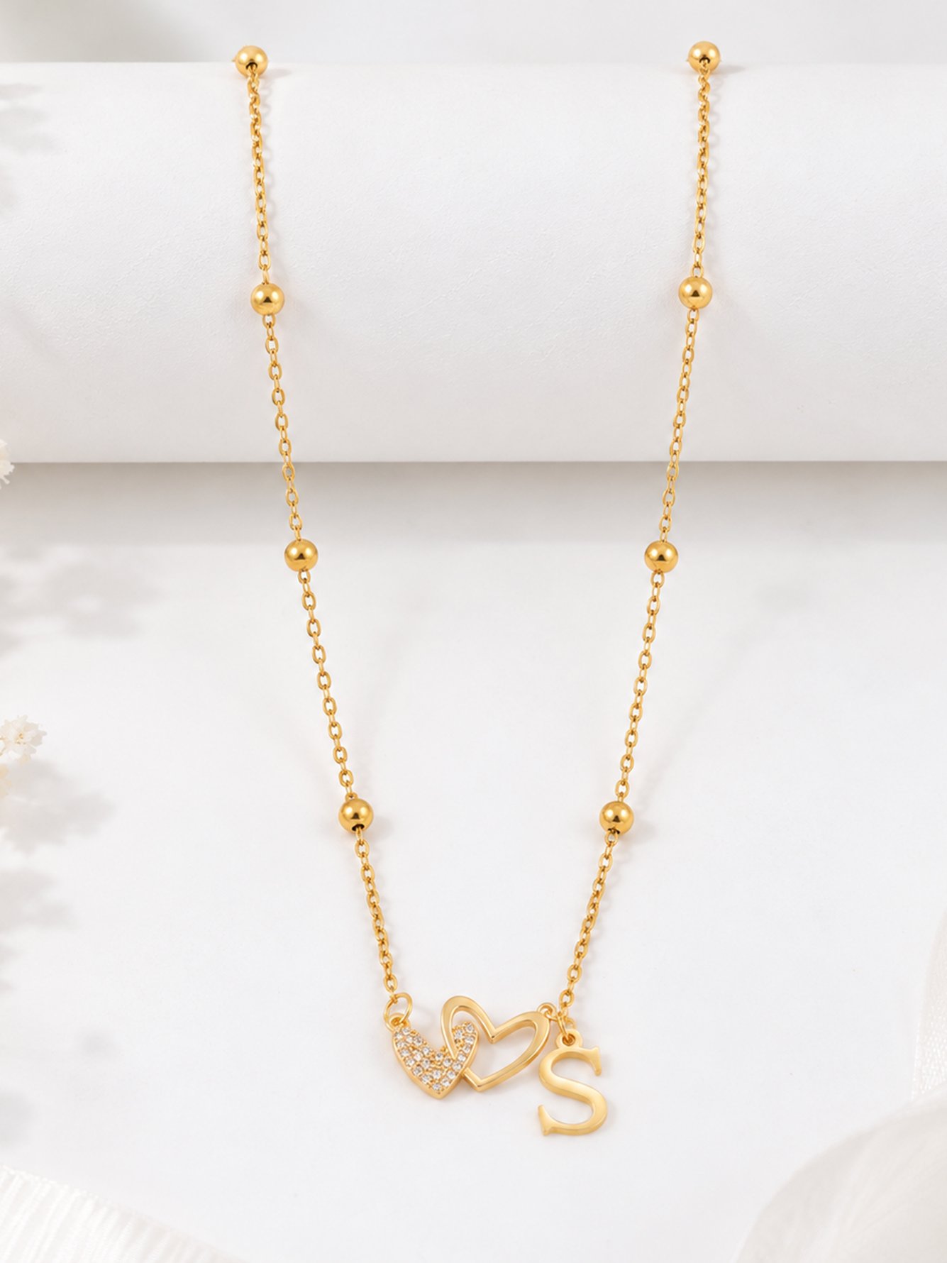 Gold Initial Necklace with Pave Heart Pendant