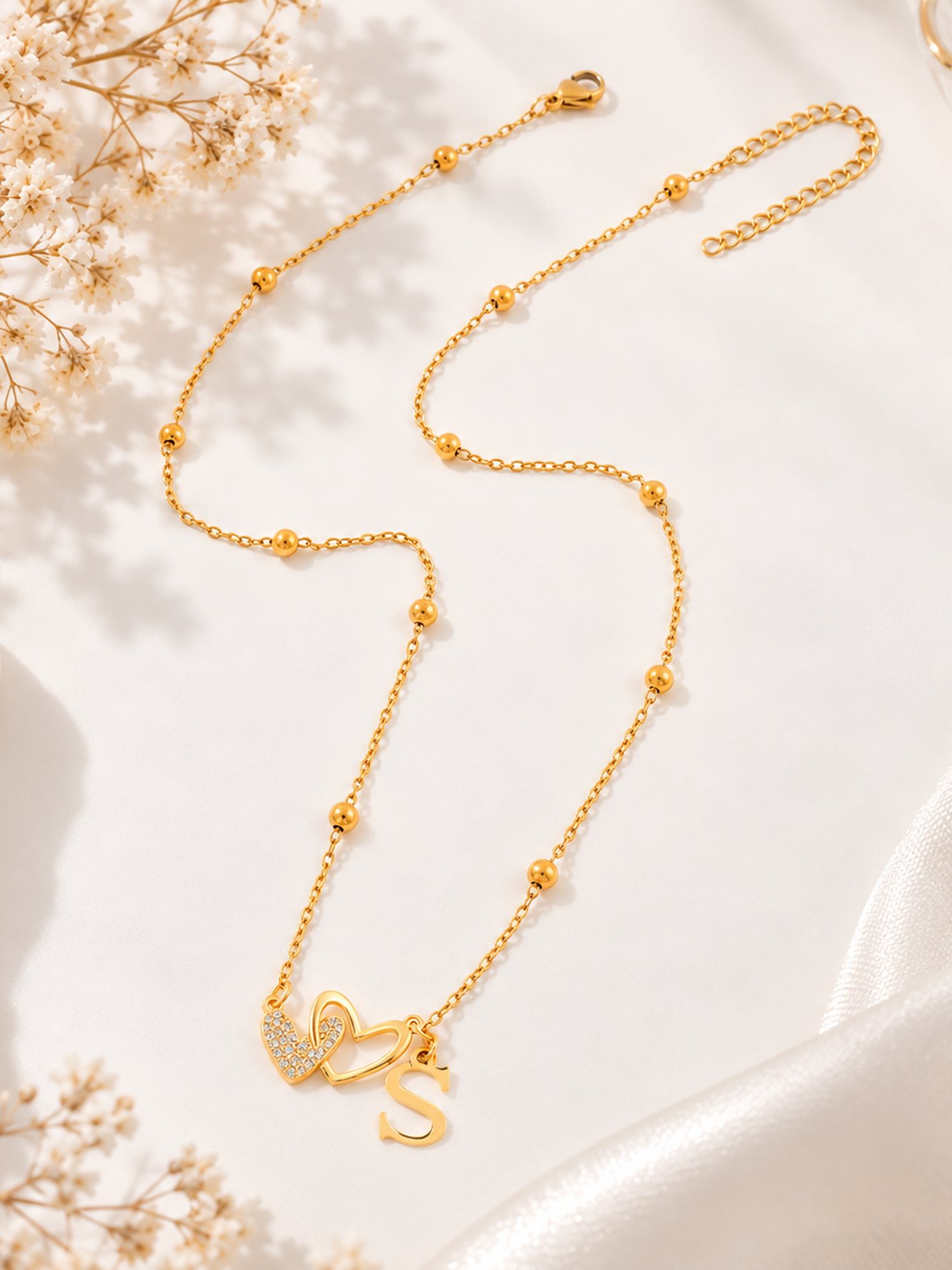 Gold Initial Necklace with Pave Heart Pendant