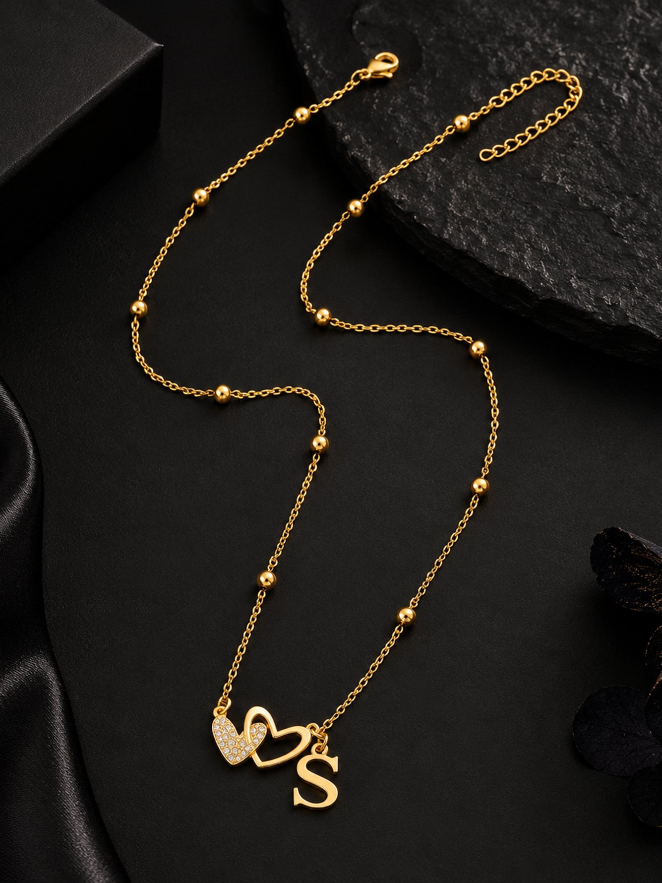 Gold Initial Necklace with Pave Heart Pendant