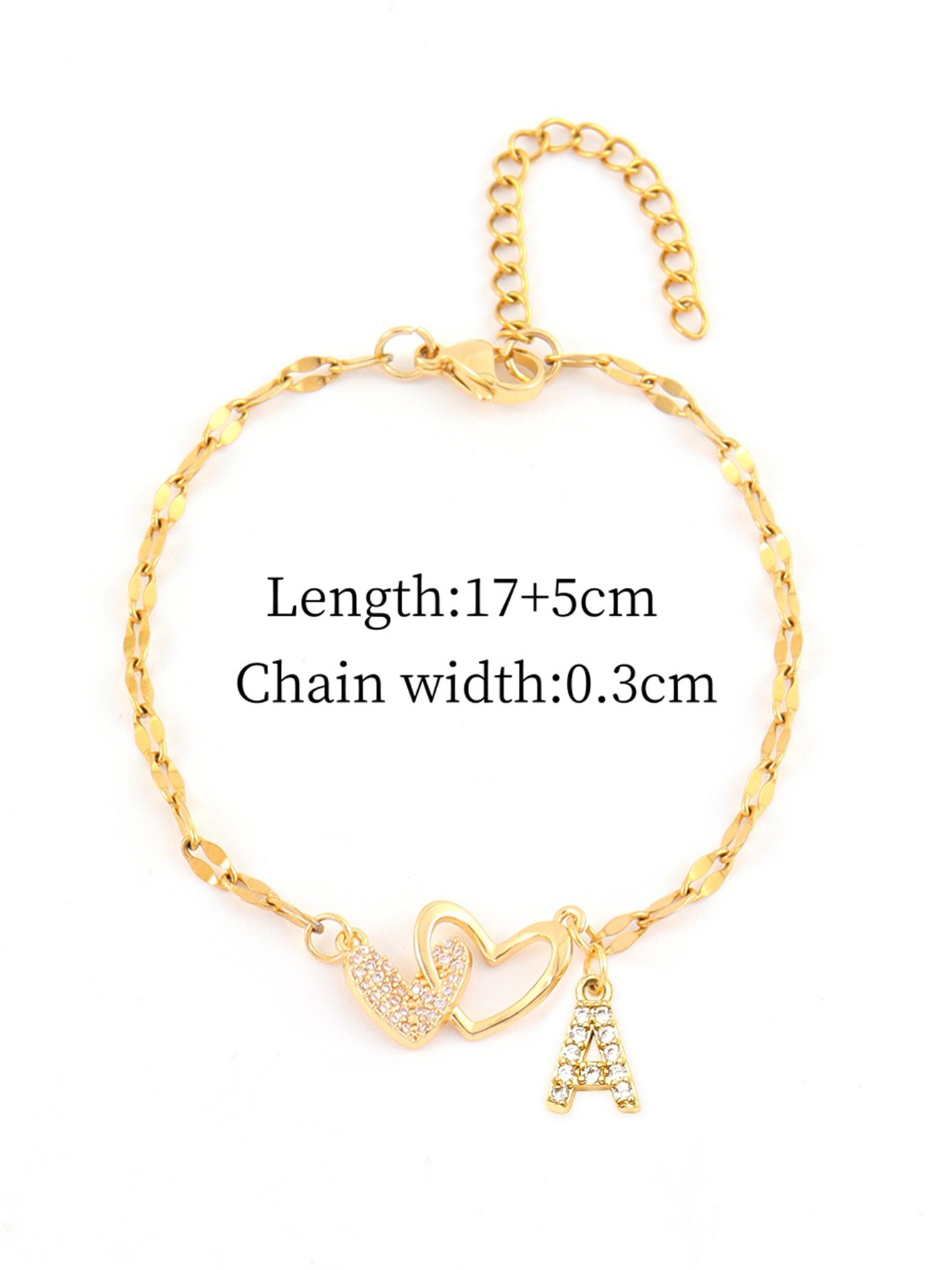 Gold Plated Heart and Initial A Bracelet with Zirconia Stones