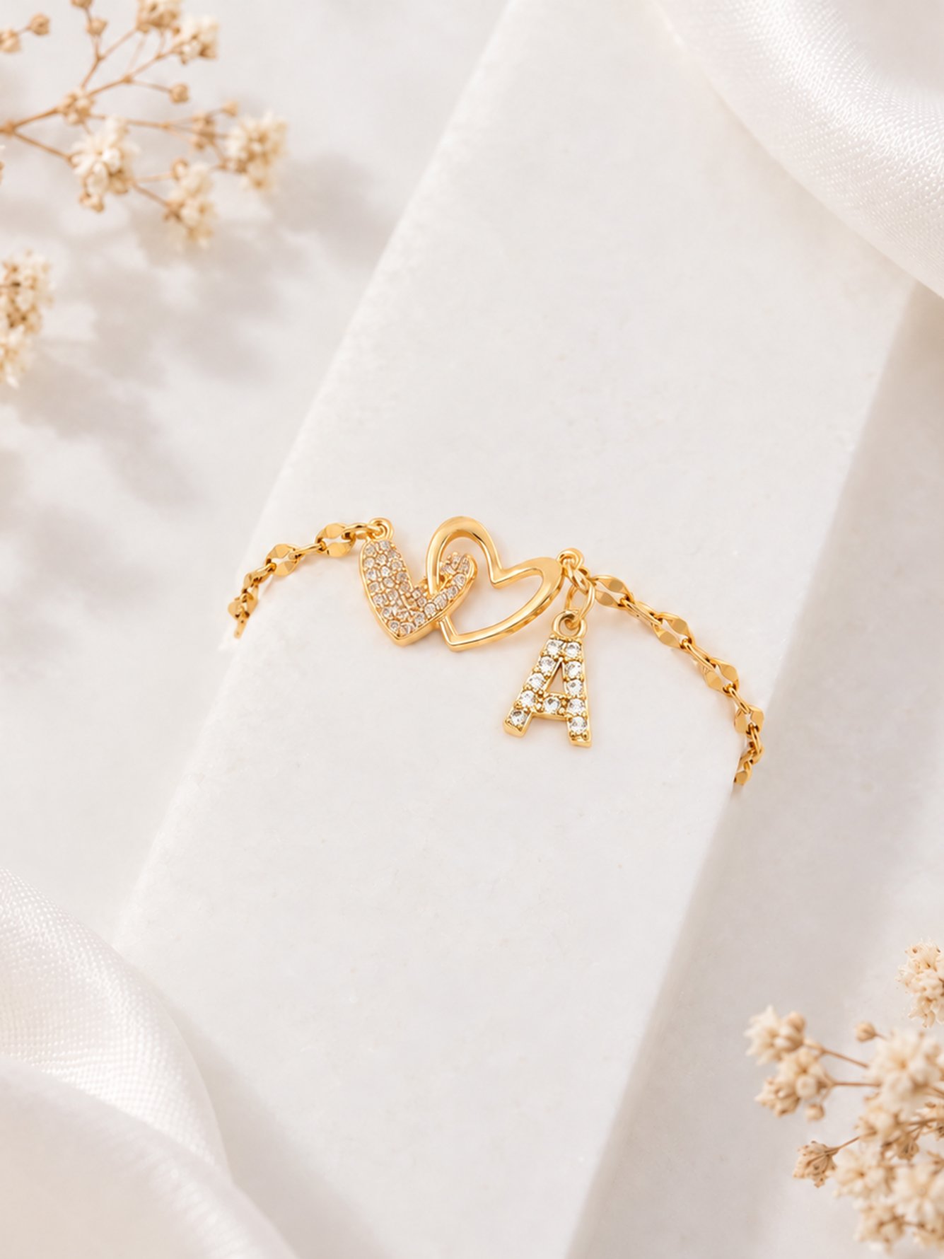 Gold Plated Heart and Initial A Bracelet with Zirconia Stones