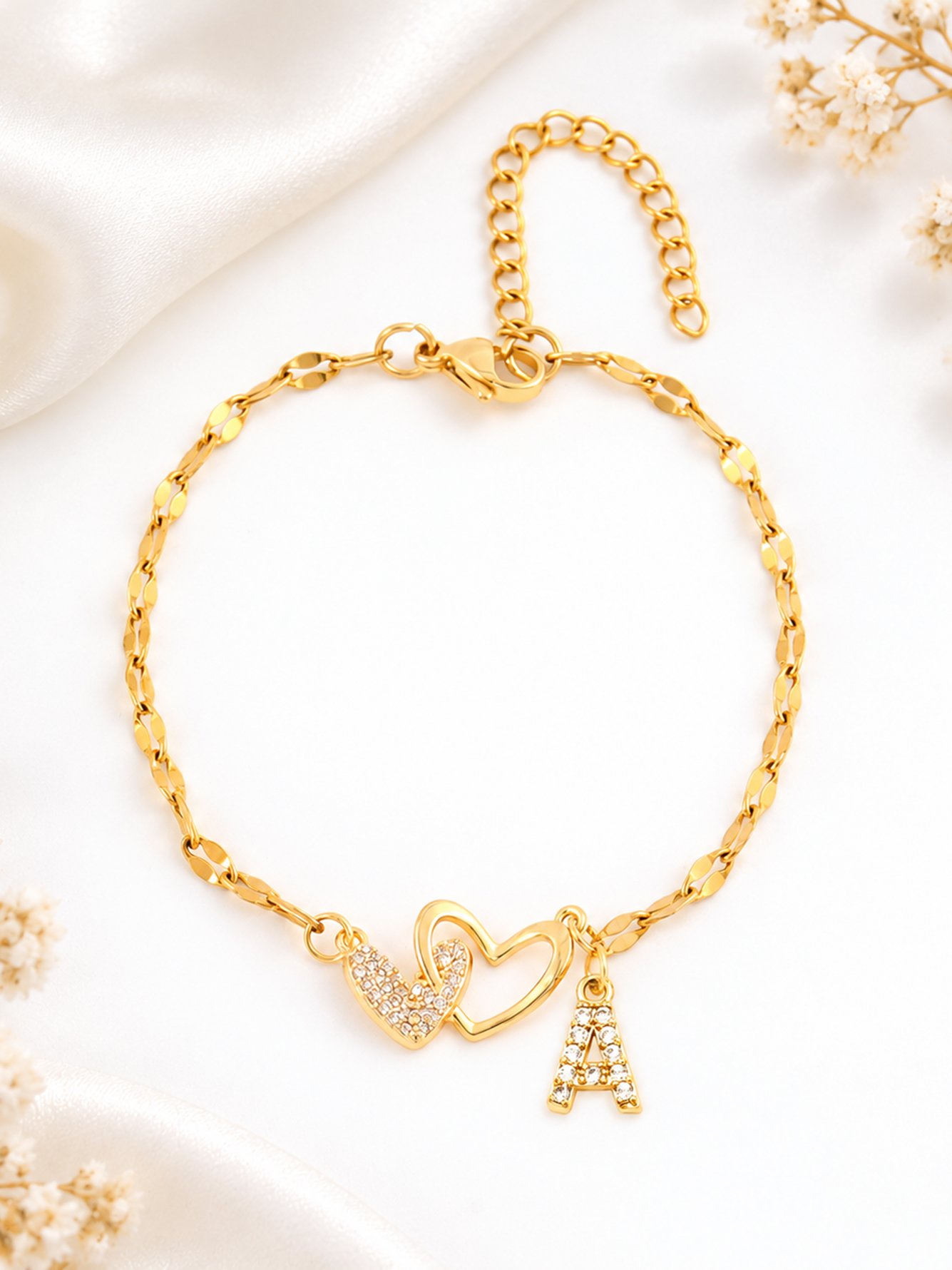 Gold Plated Heart and Initial A Bracelet with Zirconia Stones