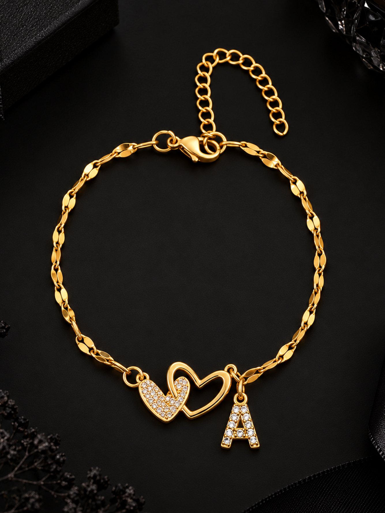 Gold Plated Heart and Initial A Bracelet with Zirconia Stones