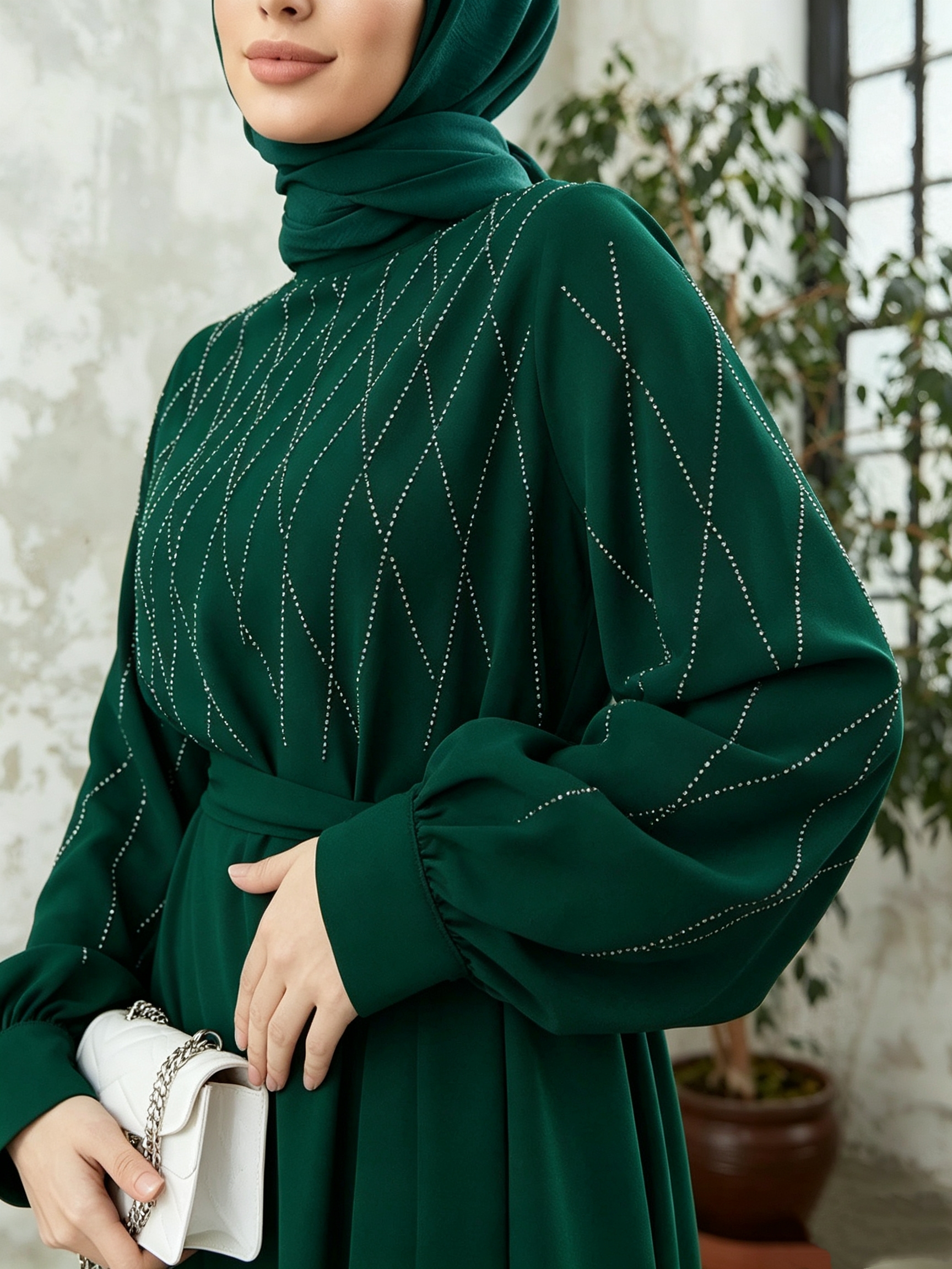 عباية بنمط هندسي وأكمام منتفخة لارتداء النهار المحتشم خضراء داكنة