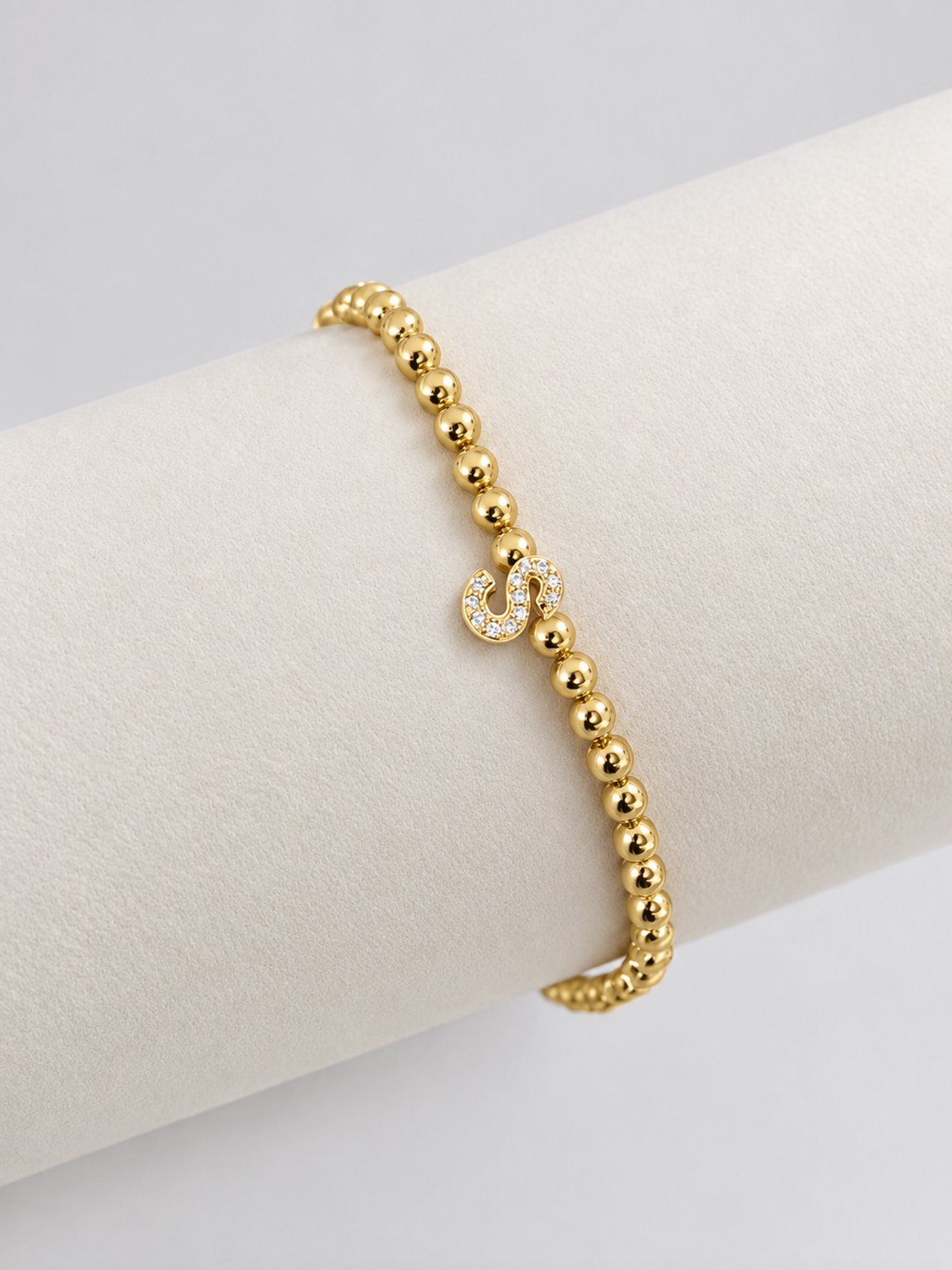 Gold Beaded Bracelet with Initial S Charm